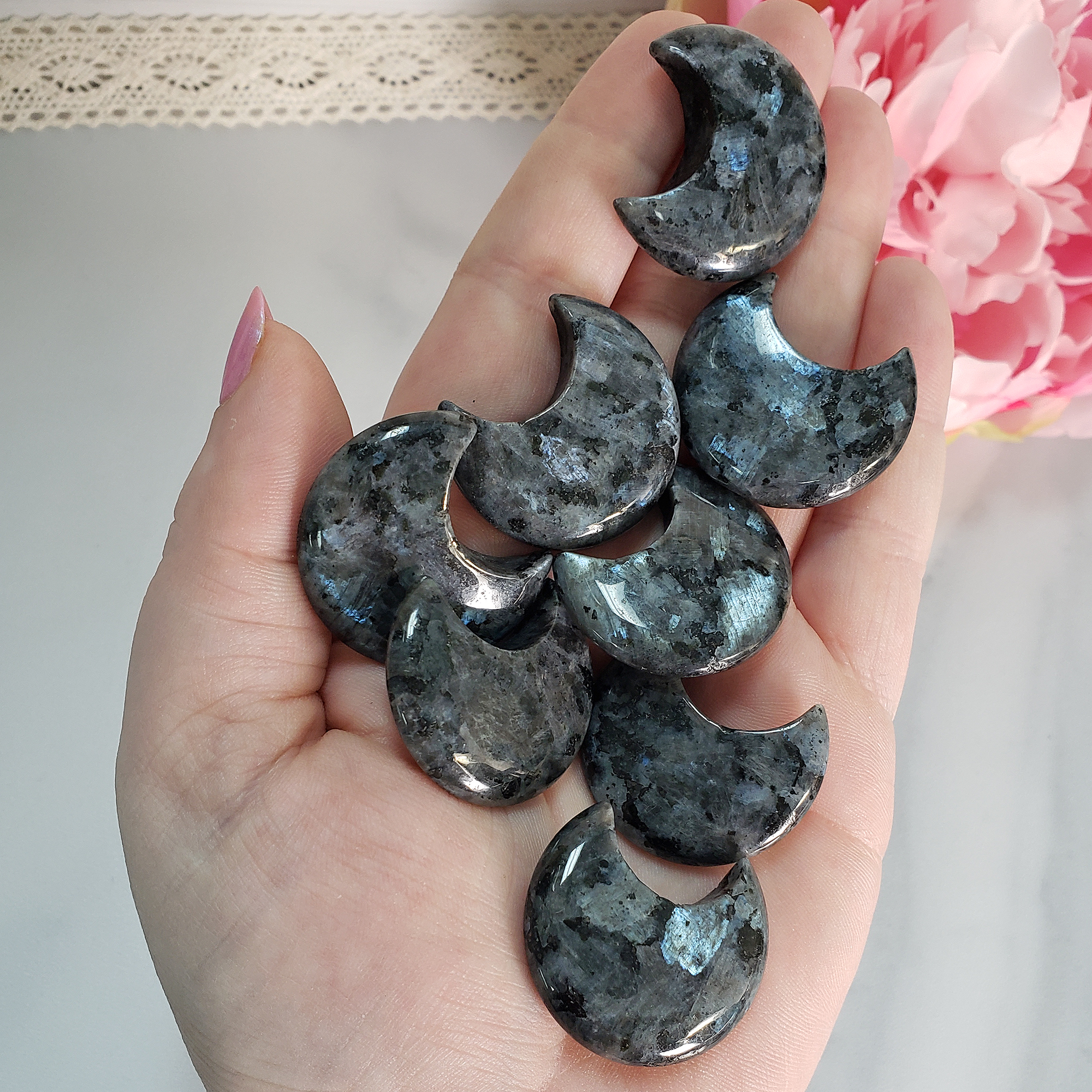 Larvikite Stone Natural Crystal Crescent Moon Carving Fidget Stone - Flashy Larvikite Crystal Moons in Hand