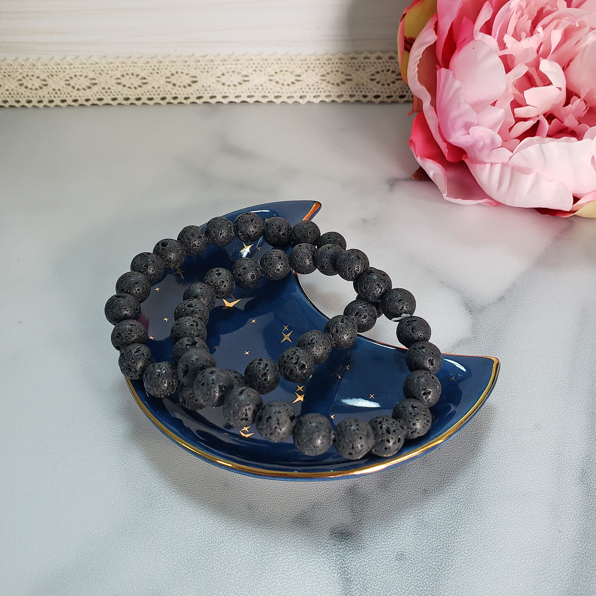 Lava Rock Basalt 8mm Bead Bracelet - Two Bracelets on Jewelry Dish