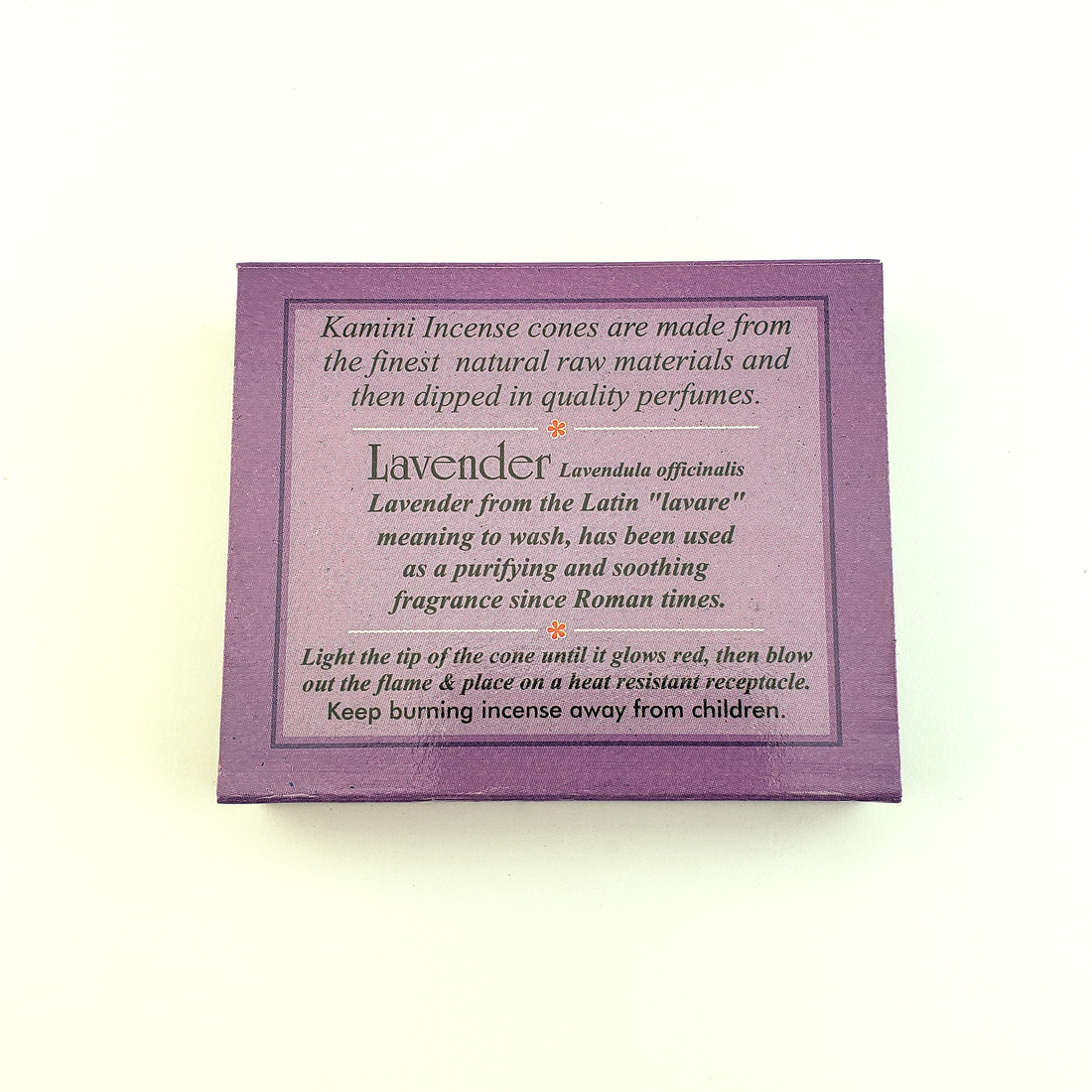 Lavender Scented Kamini Incense Cones - Set of 10 Incense Cones - Back of Package