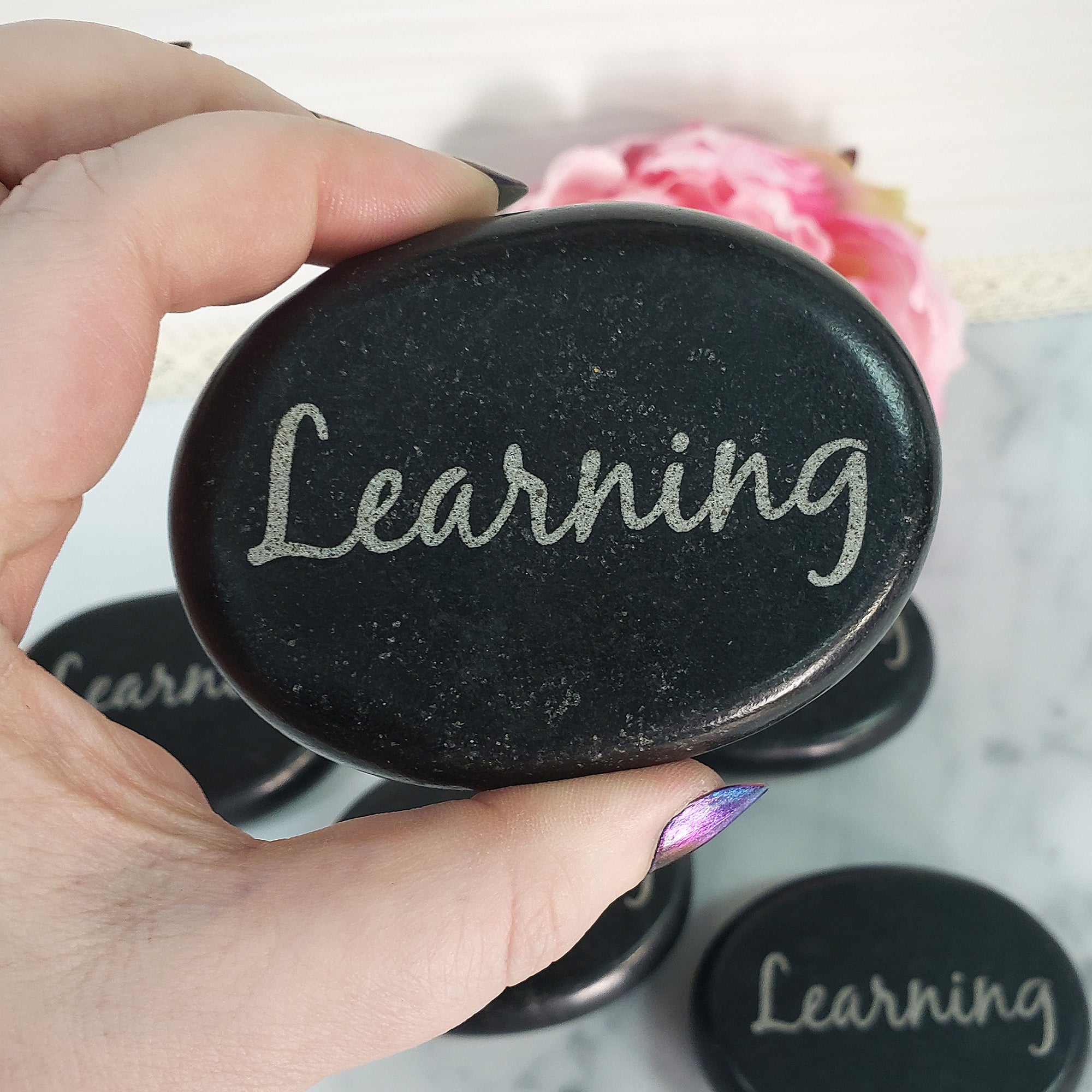 Black Basalt Rock Natural Crystal Etched Affirmation Stone | Learning - 1