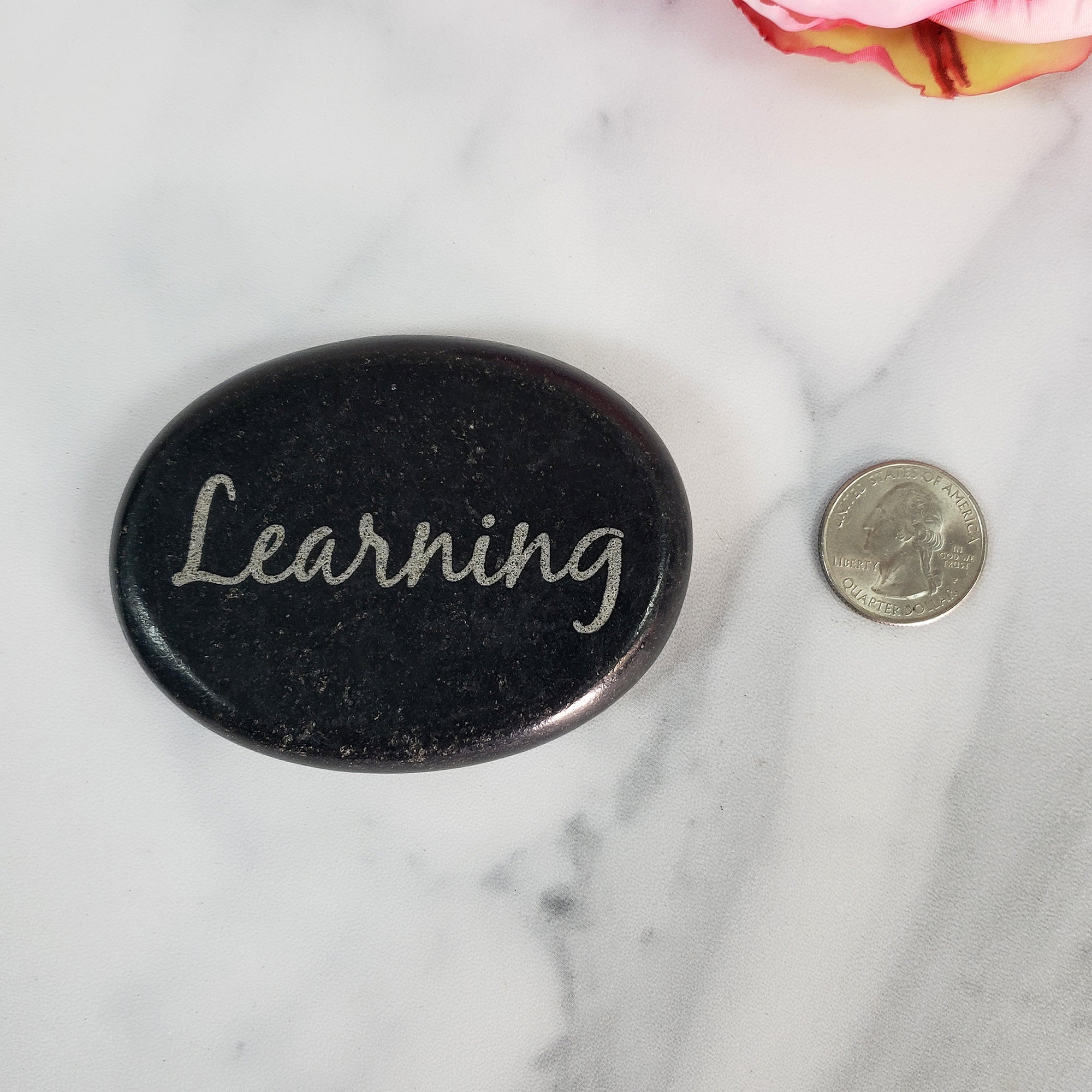 Black Basalt Rock Natural Crystal Etched Affirmation Stone | Learning - 3