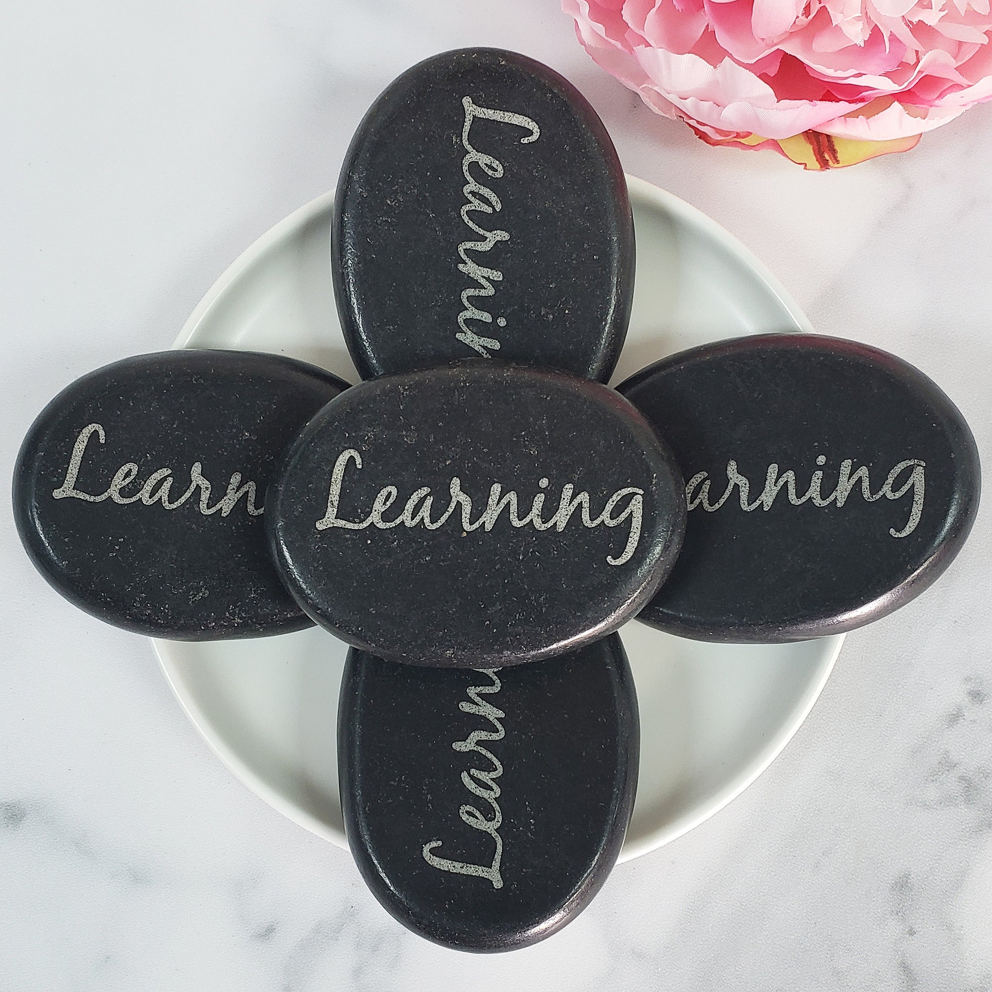 Black Basalt Rock Natural Crystal Etched Affirmation Stone | Learning