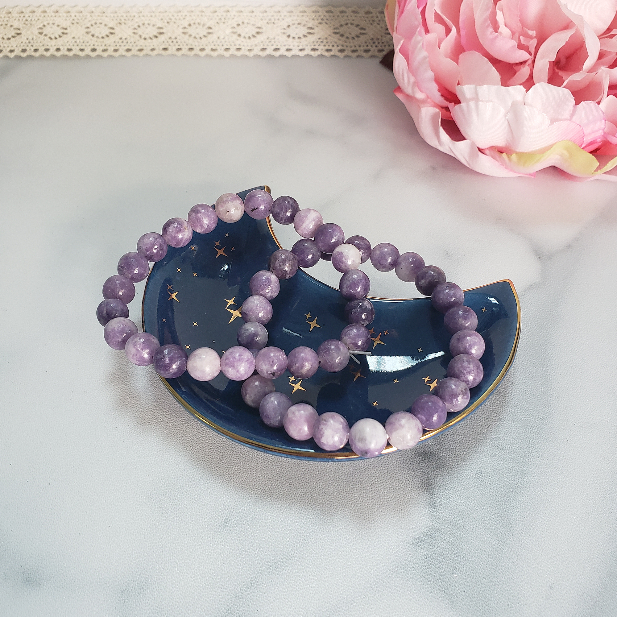 Lepidolite Natural Gemstone 7-8mm Bead Stretch Bracelet - Two Gemstone Bracelets in Jewelry Dish