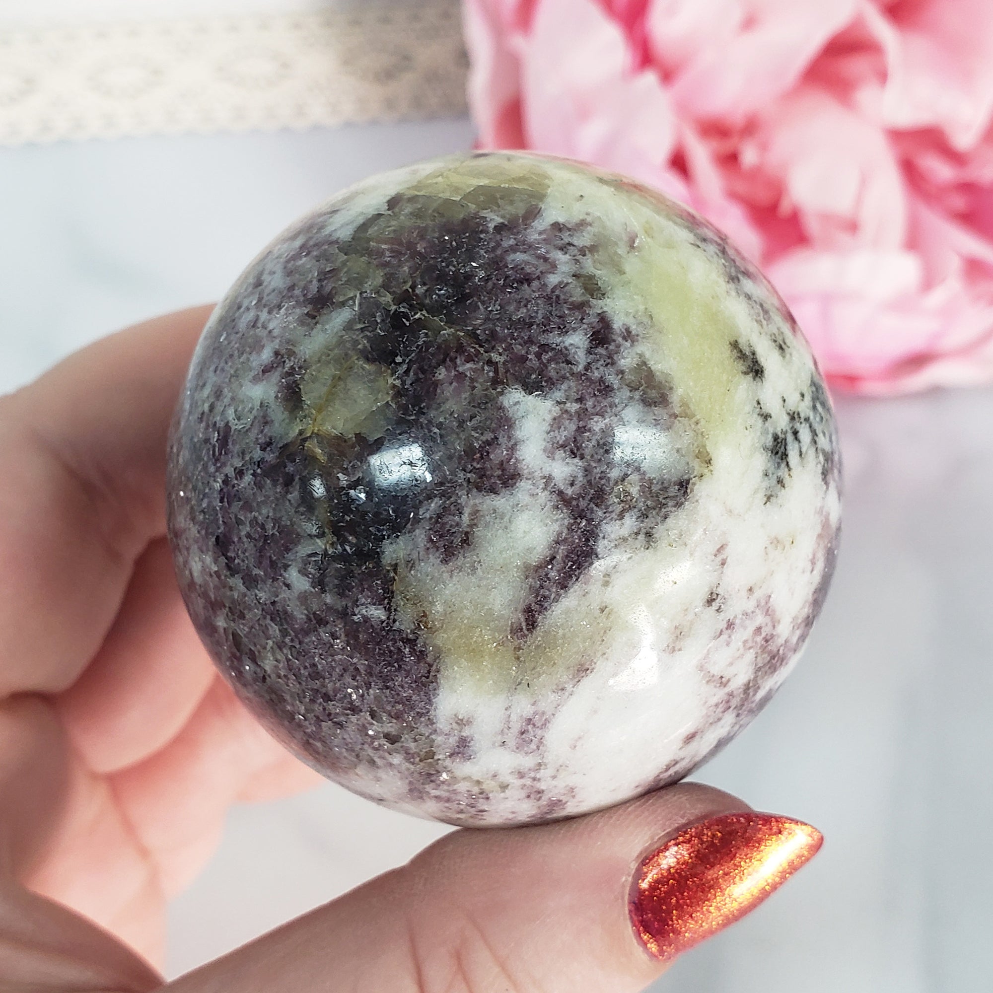 Lepidolite Stone in Milky Quartz Crystal Sphere Natural Gemstone Orb | 50mm - 55mm - 8