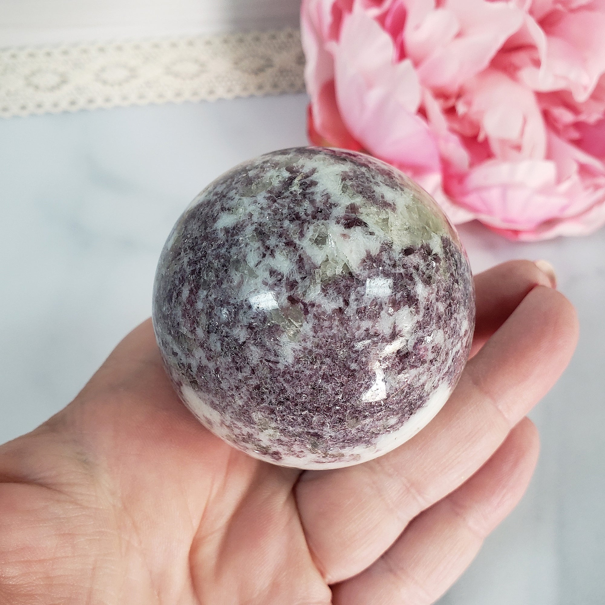 Lepidolite Stone in Milky Quartz Crystal Sphere Natural Gemstone Orb | 50mm - 55mm - 5