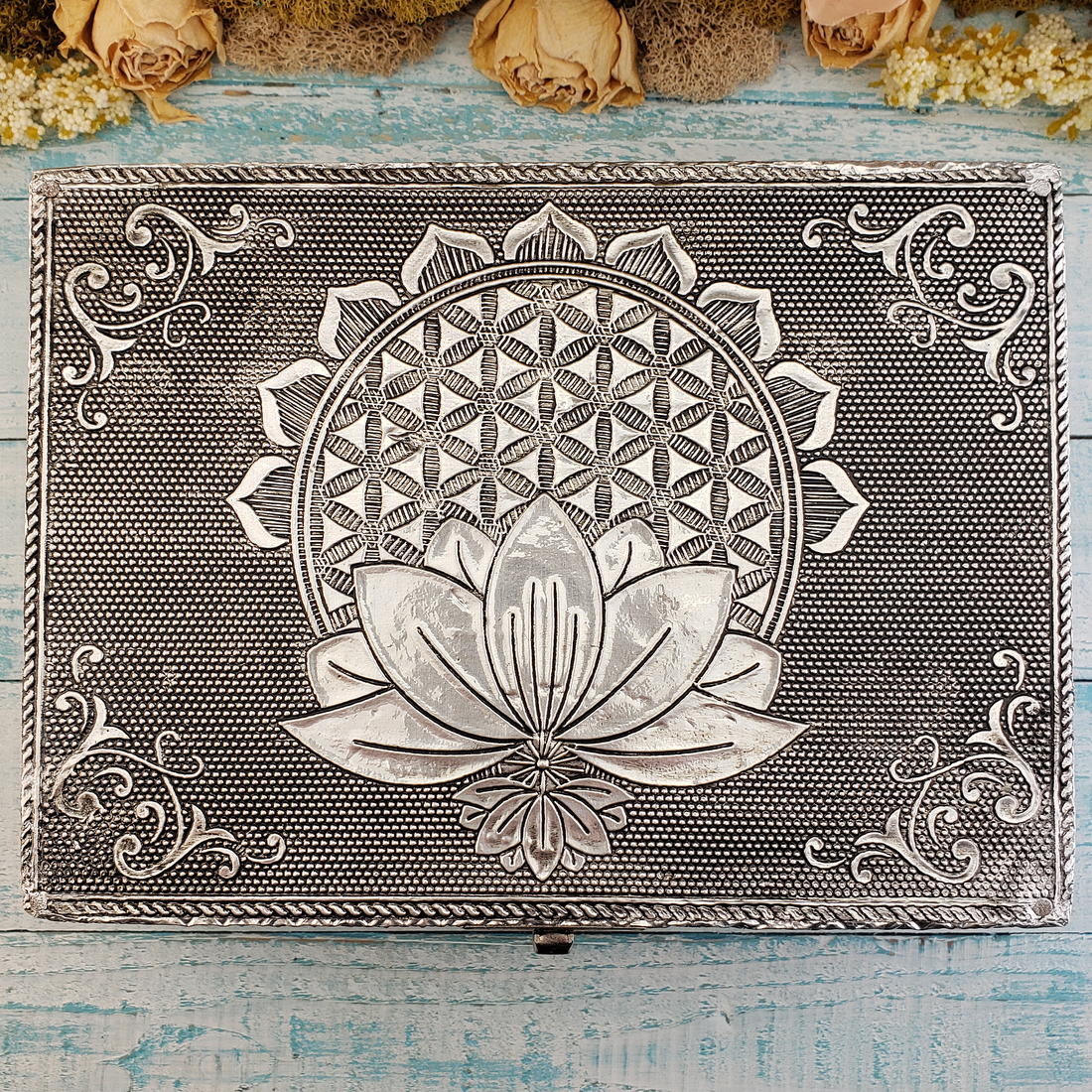 Lotus Flower of Life Embossed Metal Over Wooden Decorative Storage Box - 6.75 x 4.75 inches