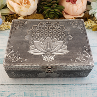 Lotus Flower of Life Embossed Metal Over Wooden Decorative Storage Box - 6.75 x 4.75 inches - From Front