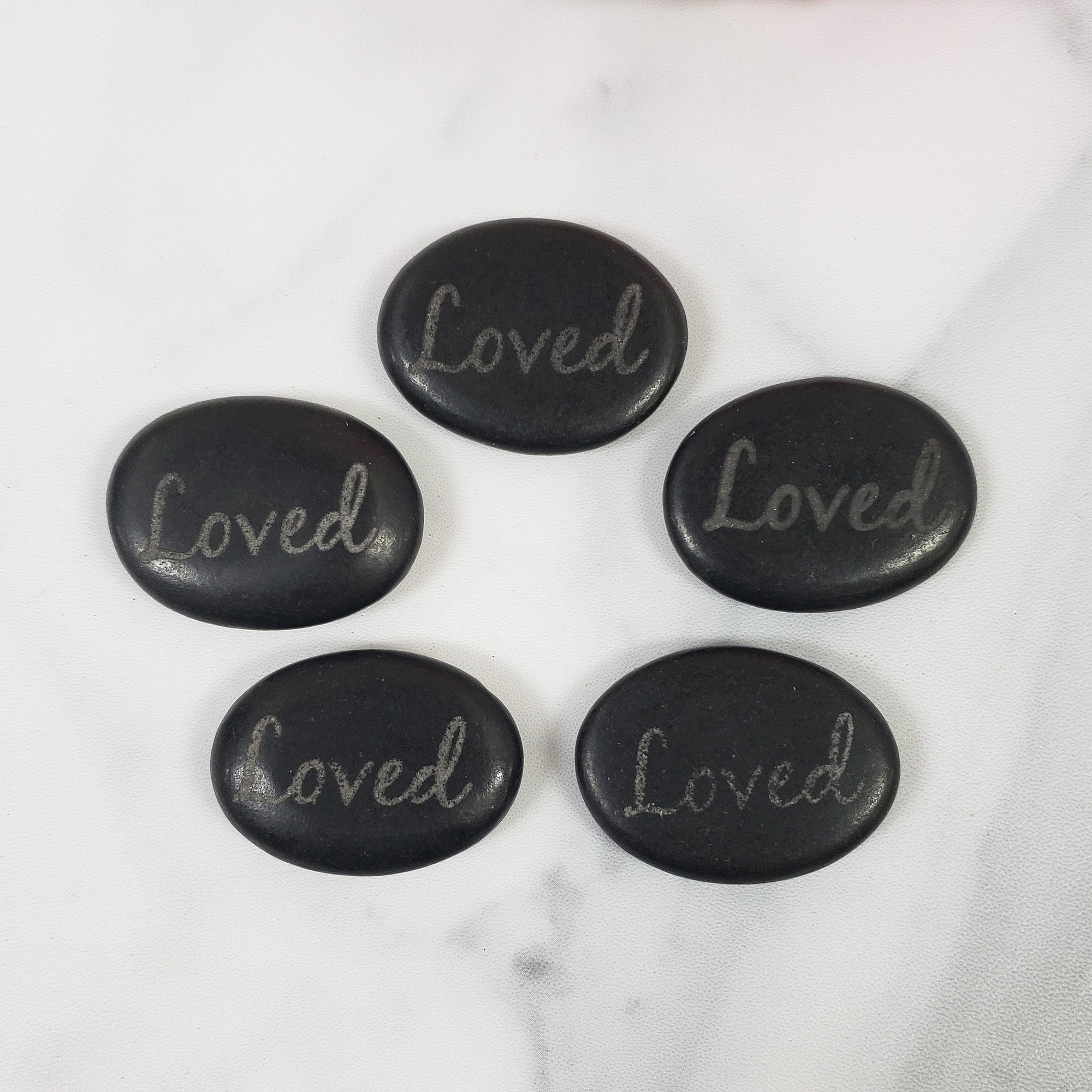 Black Basalt Rock Natural Crystal Etched Affirmation Stone | Loved - 1