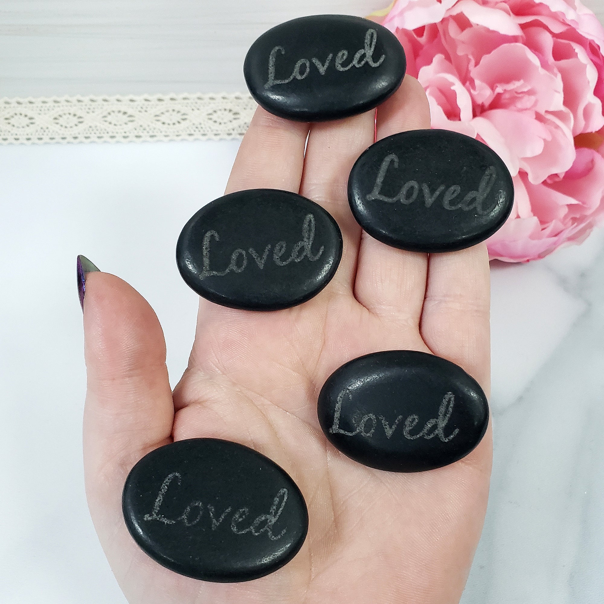 Black Basalt Rock Natural Crystal Etched Affirmation Stone | Loved