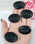 Black Basalt Rock Natural Crystal Etched Affirmation Stone | Loved