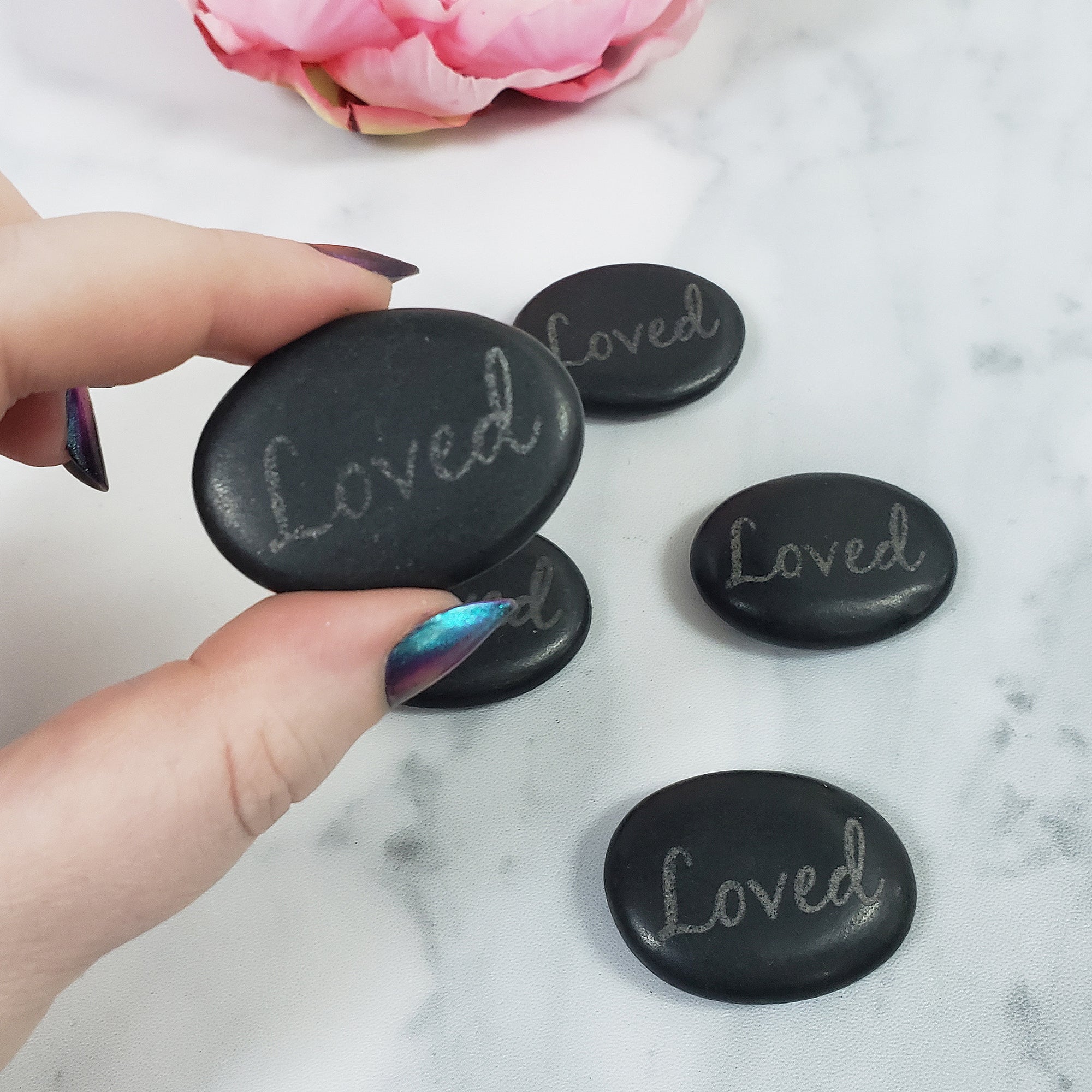 Black Basalt Rock Natural Crystal Etched Affirmation Stone | Loved - 2