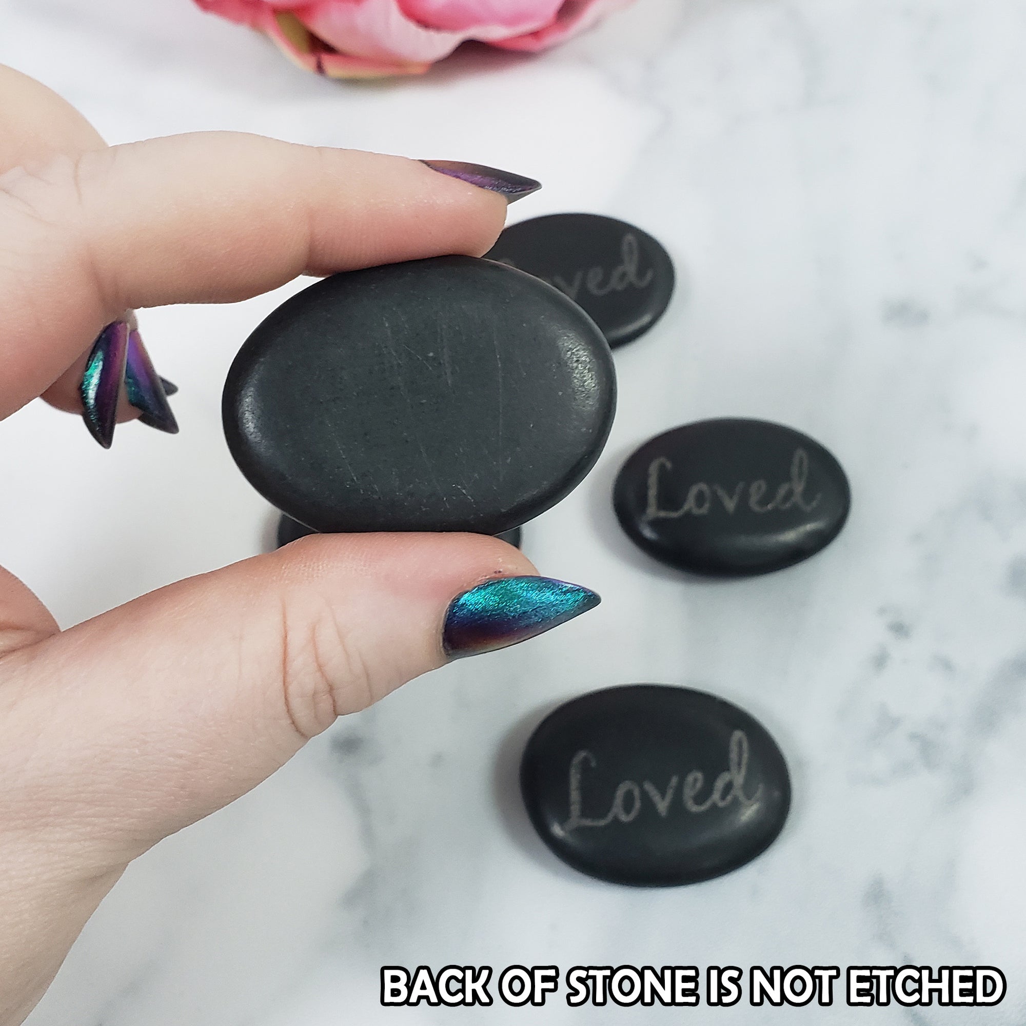 Black Basalt Rock Natural Crystal Etched Affirmation Stone | Loved - 4