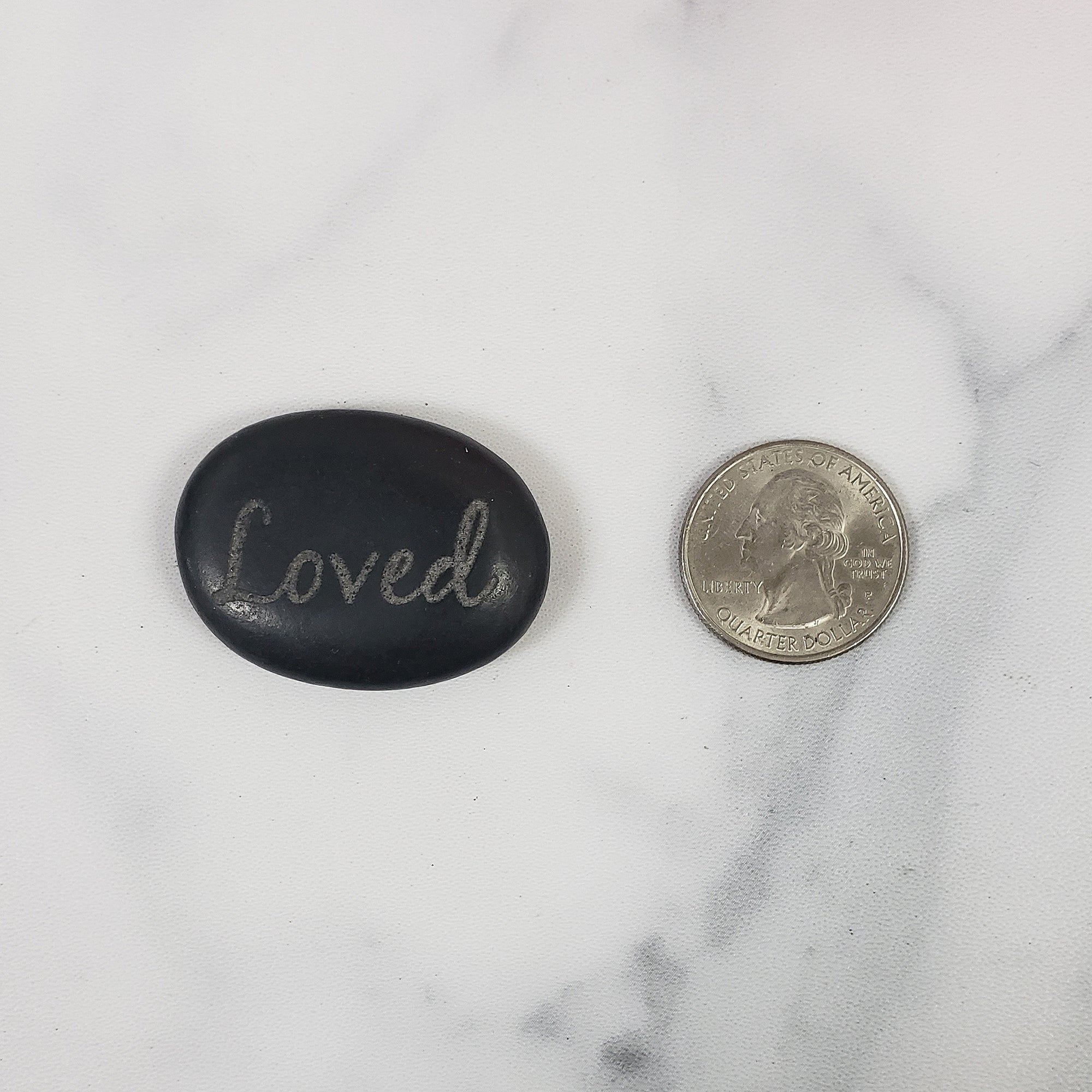 Black Basalt Rock Natural Crystal Etched Affirmation Stone | Loved - 3