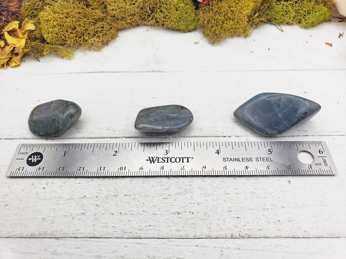 labradorite stones by ruler