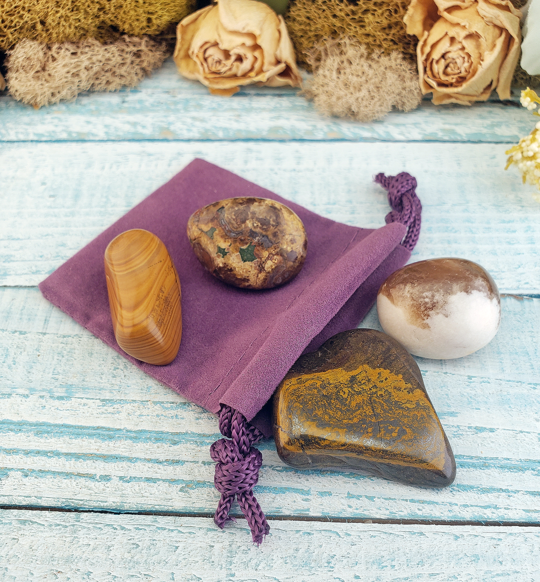 Manifestation of Goals - Set of Four Tumbled Stones with Pouch - Natural Crystals for Meditation