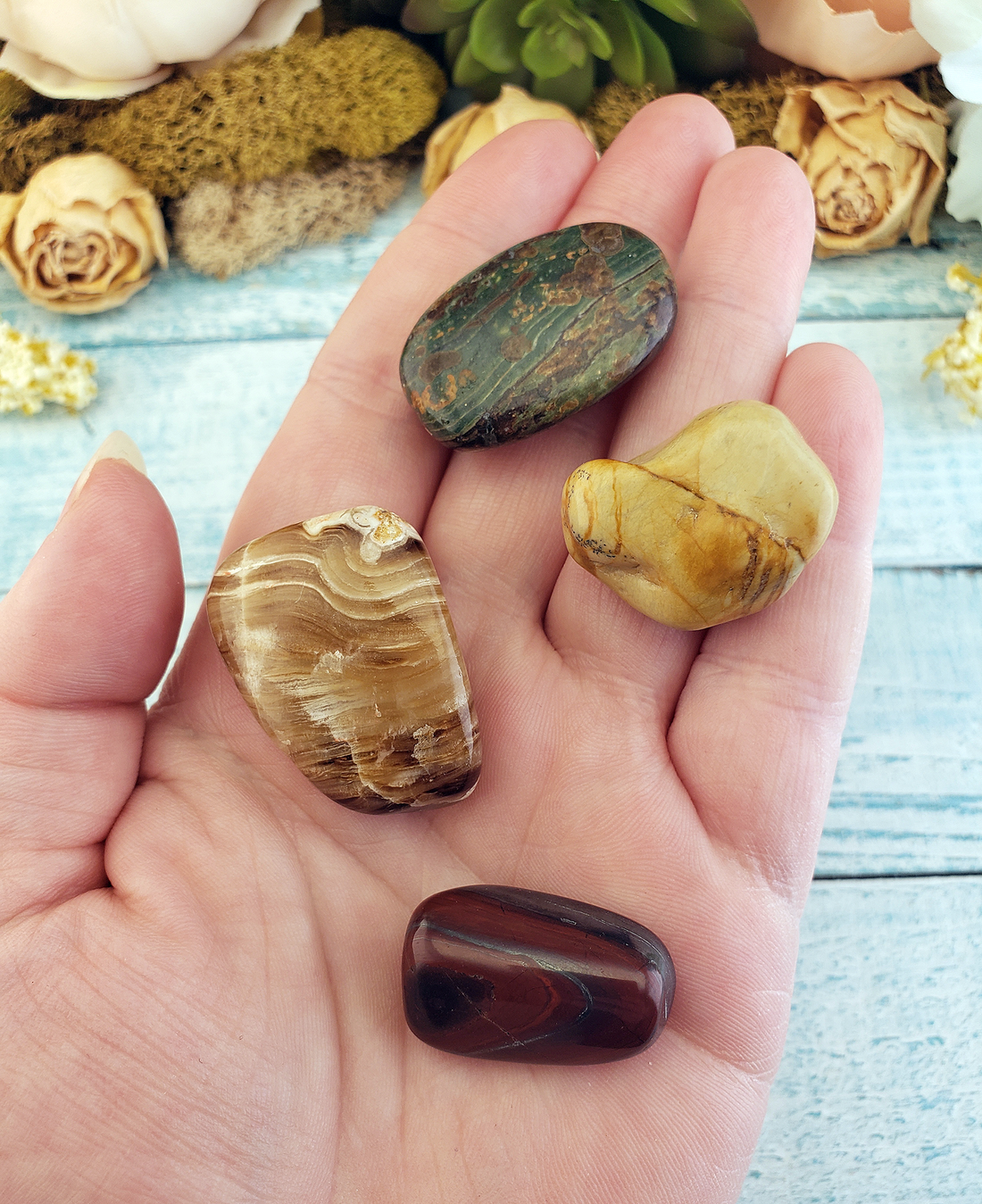Manifestation of Goals - Set of Four Tumbled Stones with Pouch - Natural Tumbled Crystals for Success