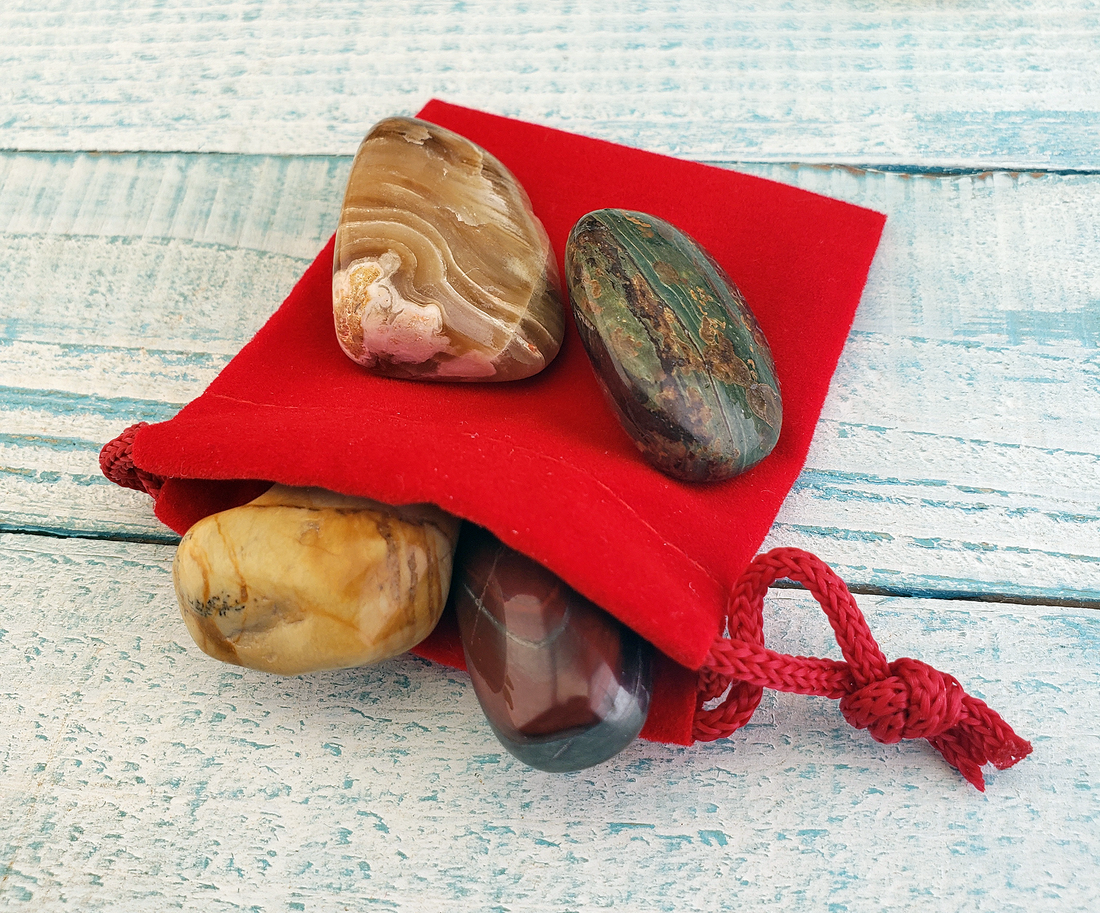 Manifestation of Goals - Set of Four Tumbled Stones with Pouch - Chocolate Calcite Picture Jasper Tiger Iron Leopardskin Jasper