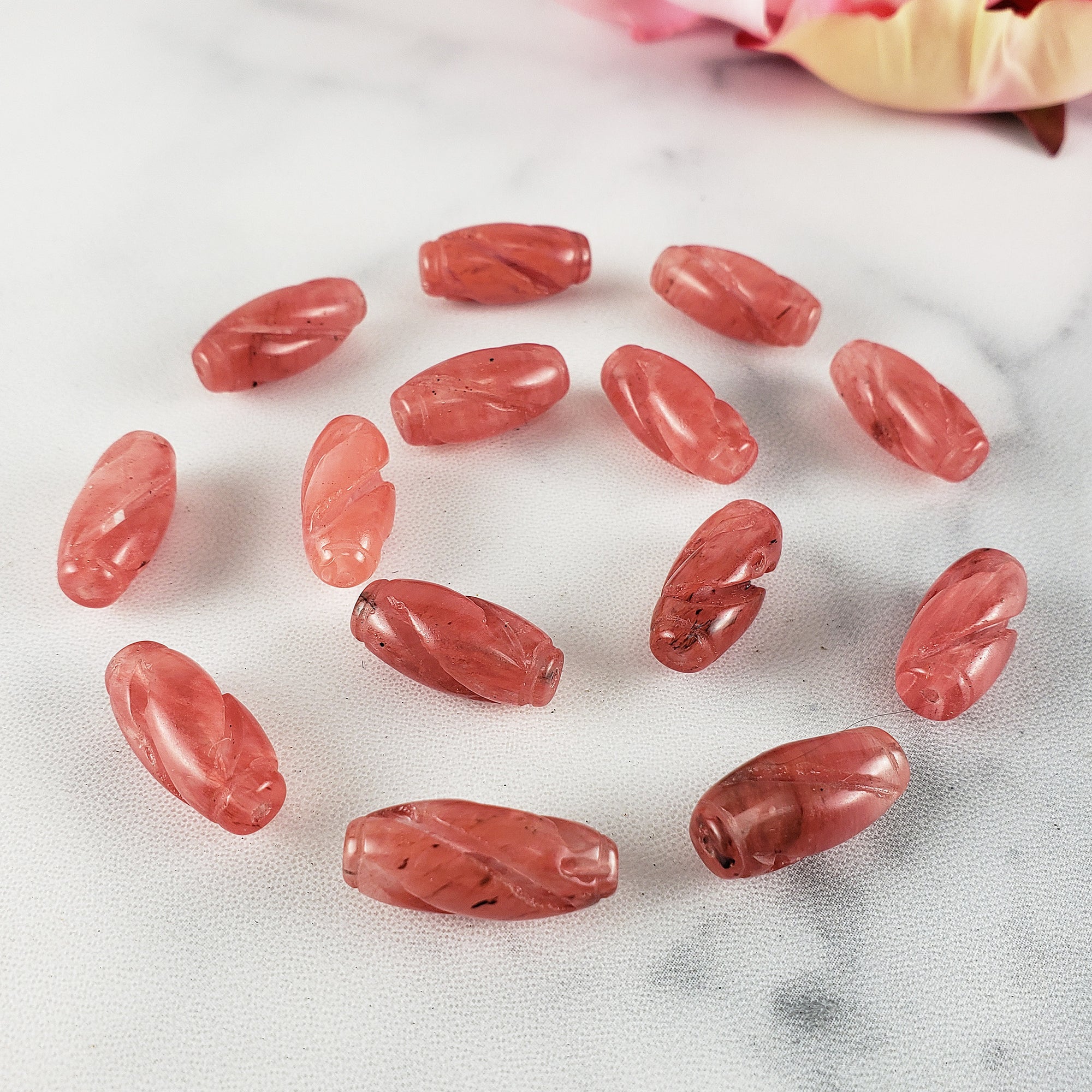 Strawberry Obsidian Crystal Manmade Gemstone Bead | DRILLED | 18mm x 8mm Spiral Tube