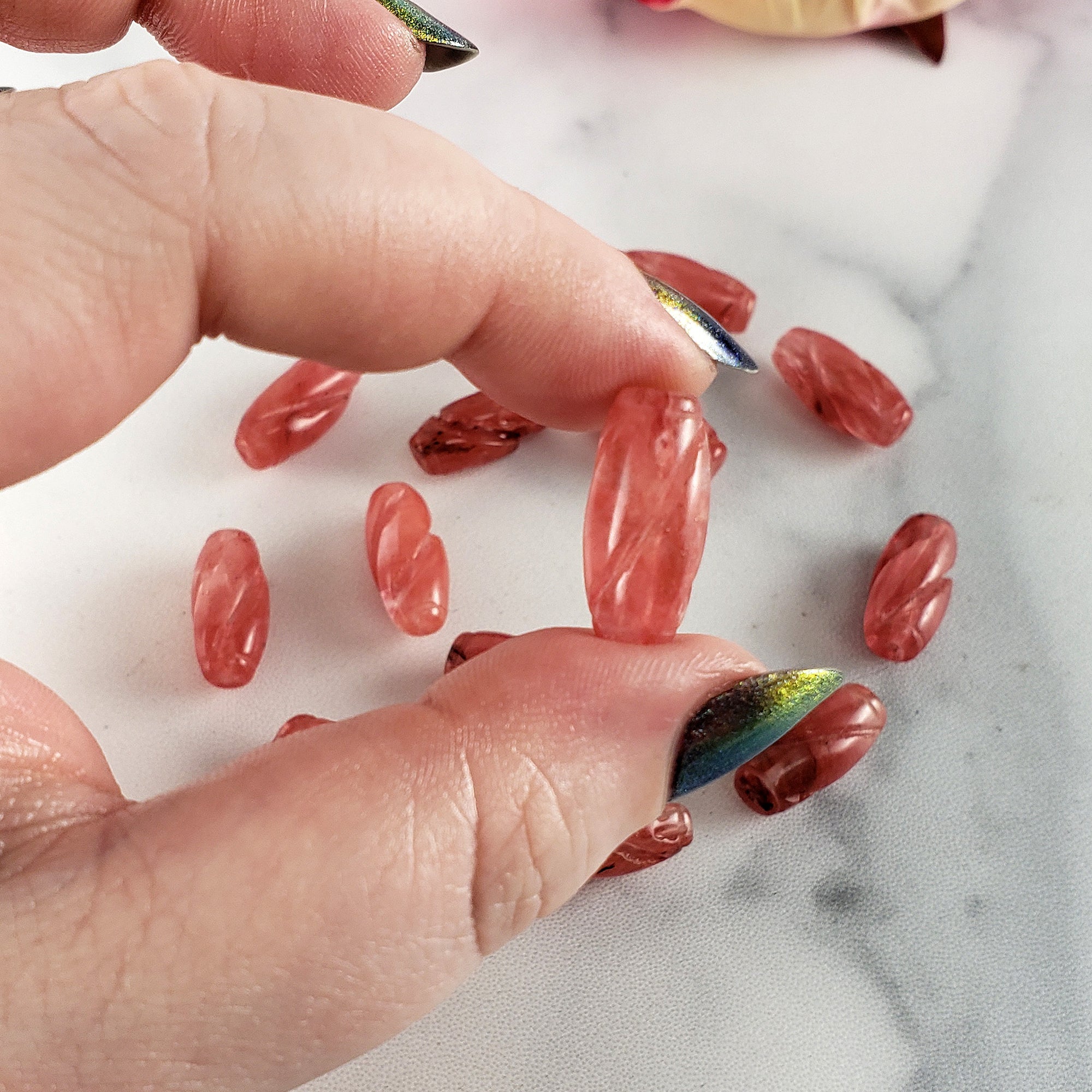 Strawberry Obsidian Crystal Manmade Gemstone Bead | DRILLED | 18mm x 8mm Spiral Tube - 2