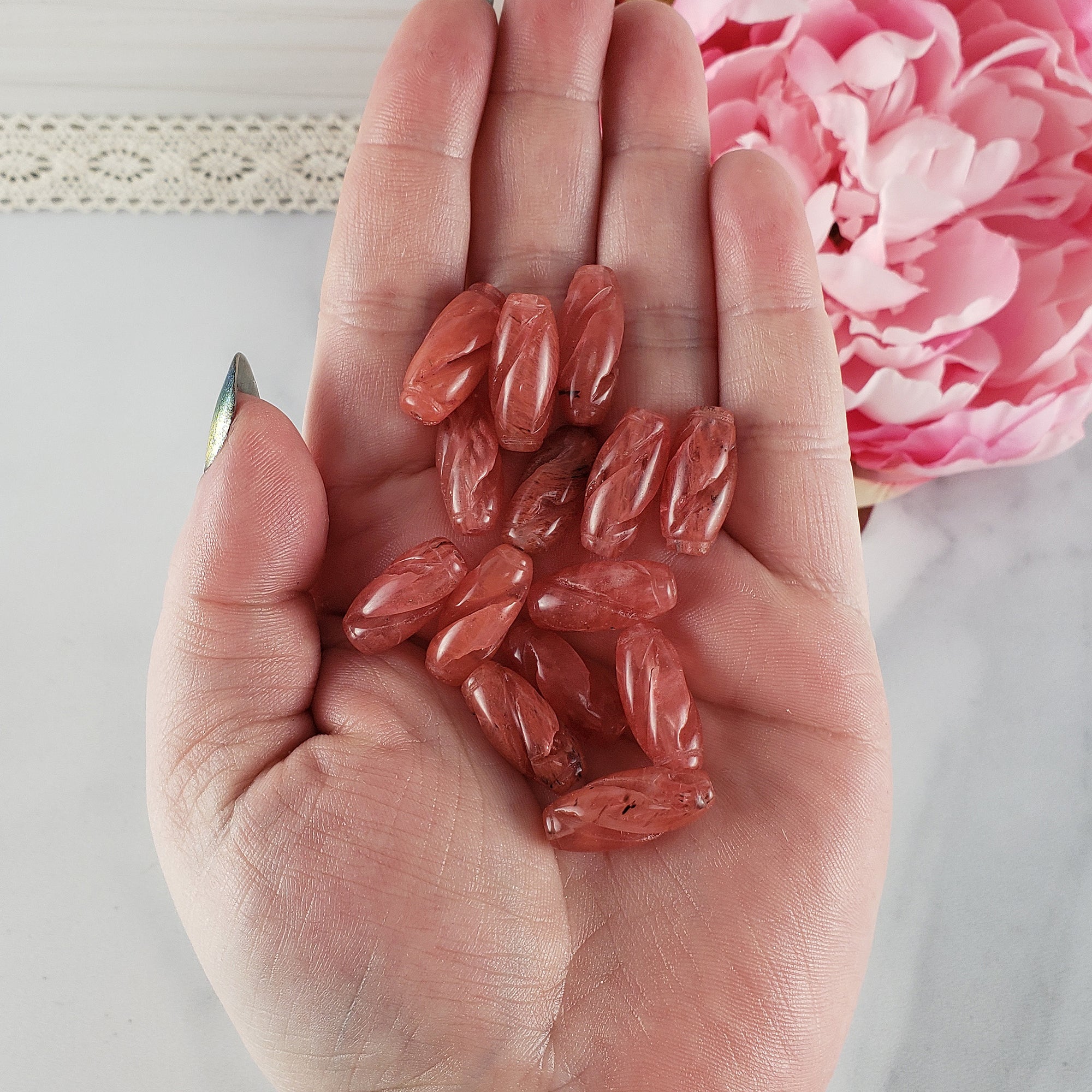 Strawberry Obsidian Crystal Manmade Gemstone Bead | DRILLED | 18mm x 8mm Spiral Tube - 3