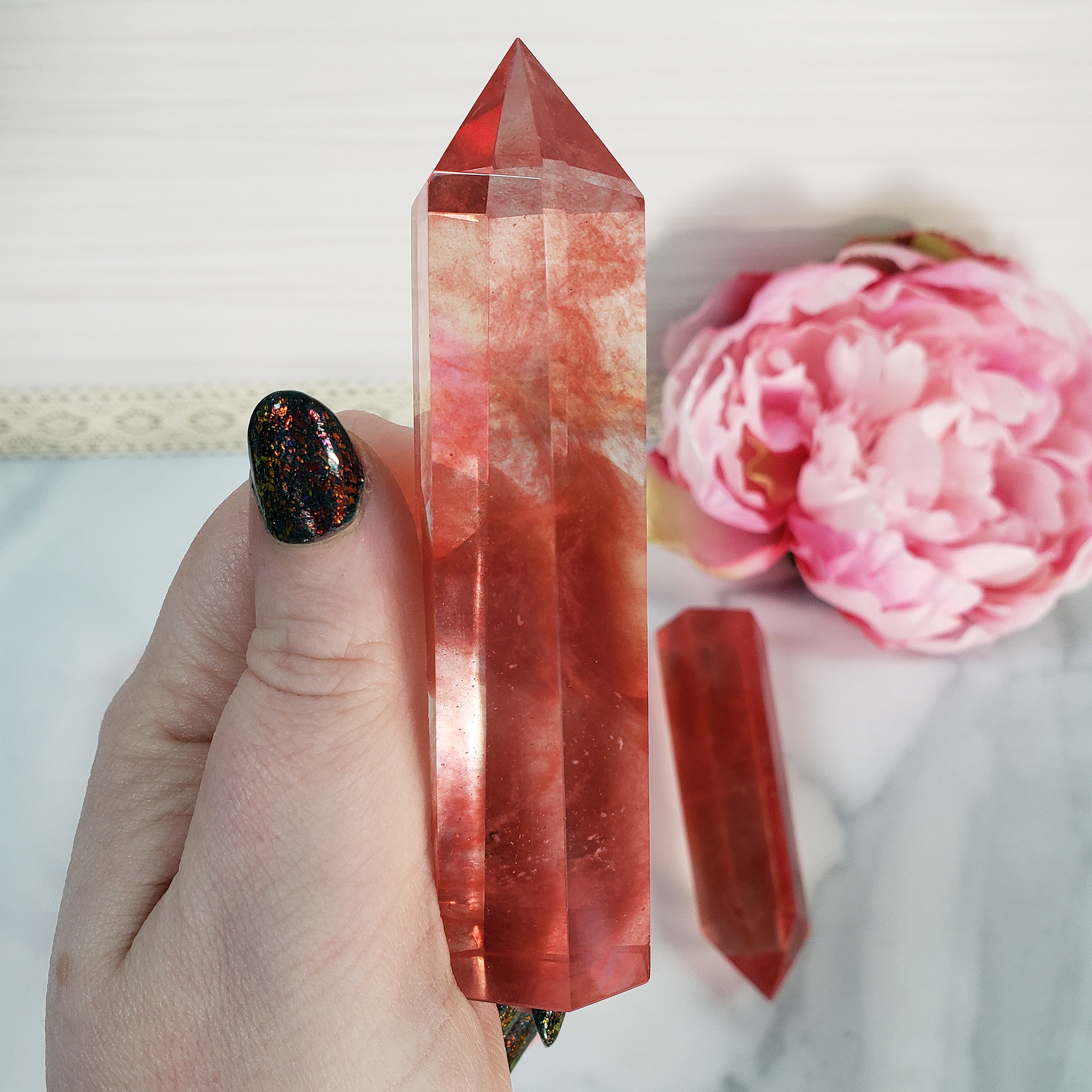 Strawberry Obsidian Cherry Quartz Crystal Manmade Gemstone Tower Point - 5