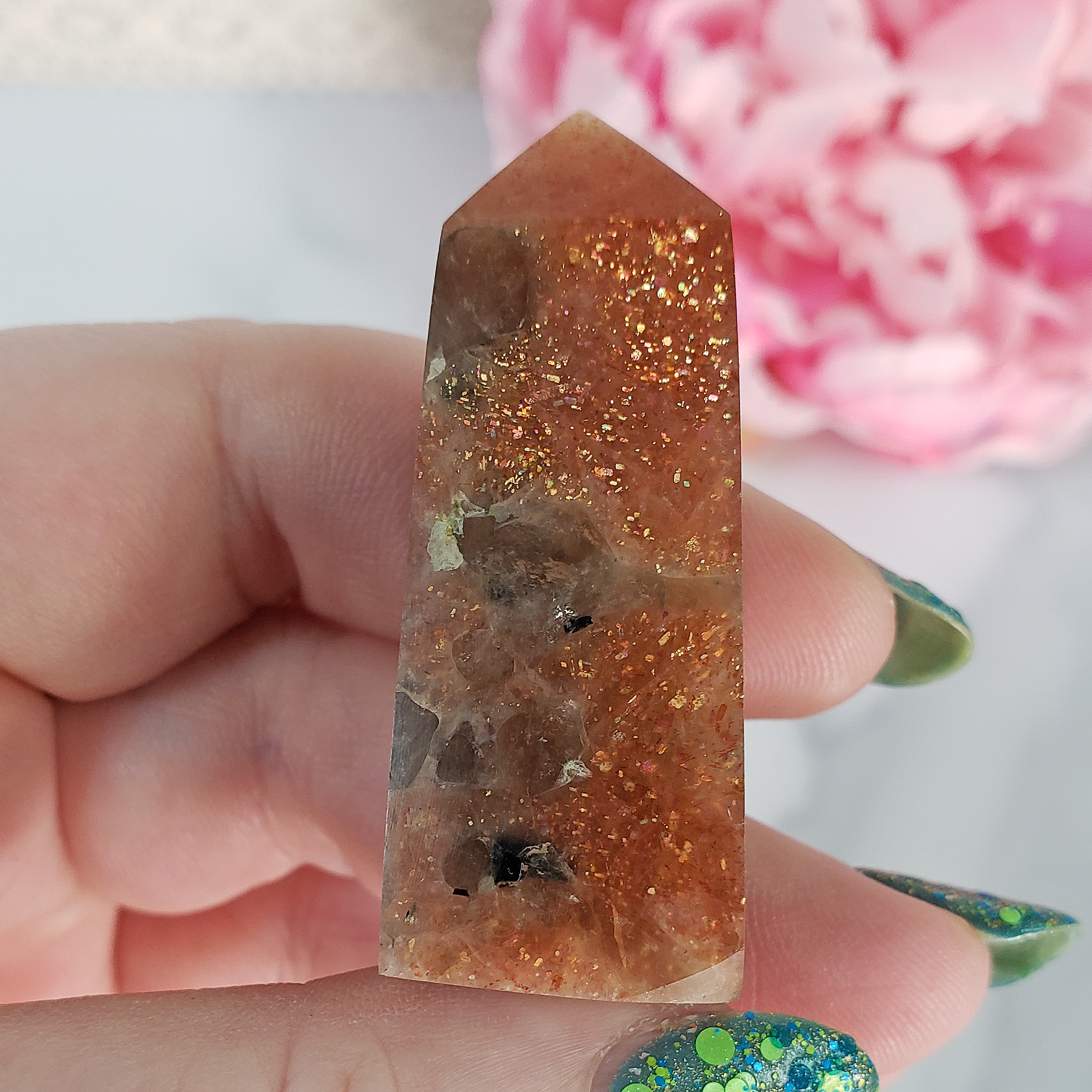 Unique Small Confetti Sunstone Natural Crystal Tower Point - Mapatar - Close Up