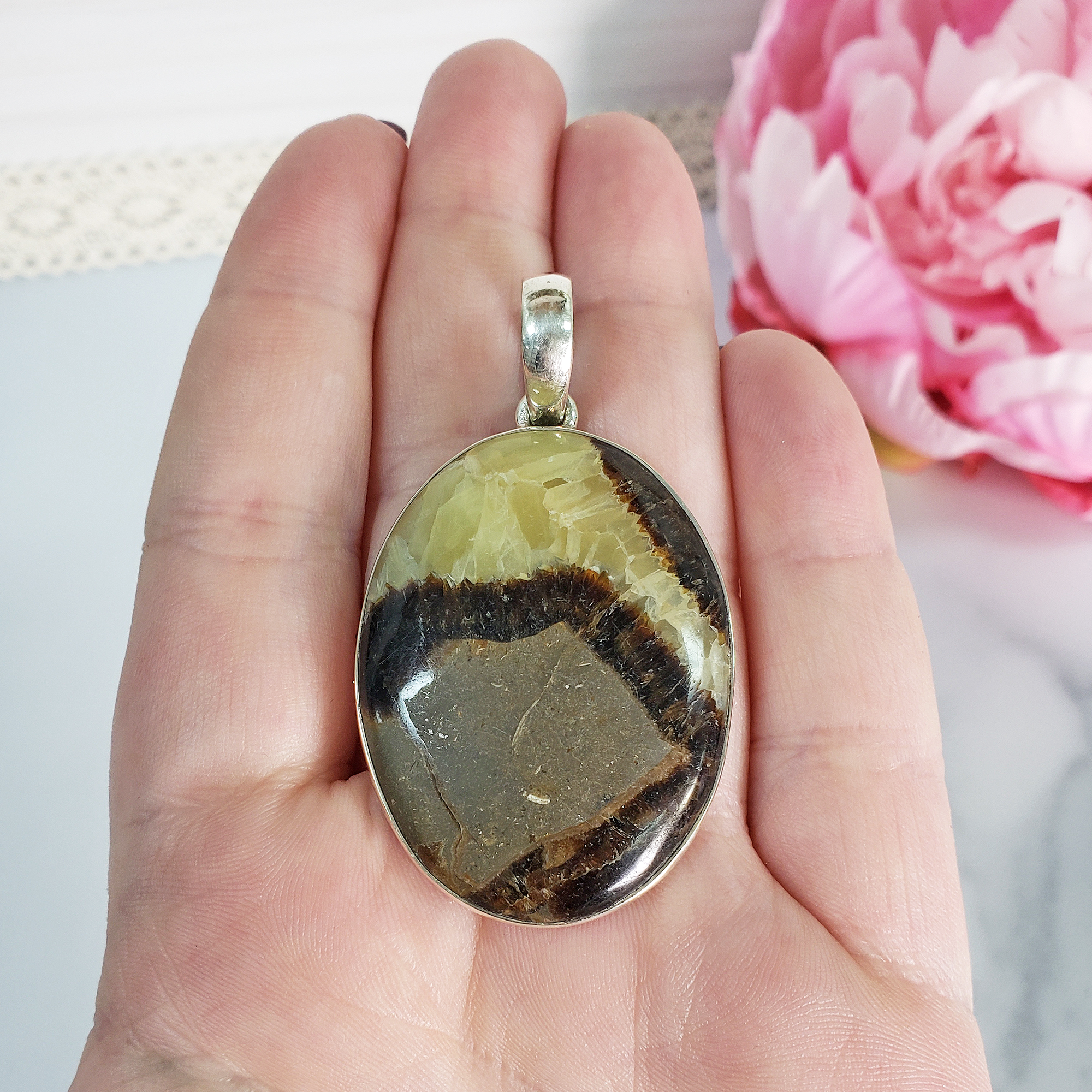 Unique Septarian Stone Natural Gemstone 925 Sterling Silver Pendant - Marjorie - 1