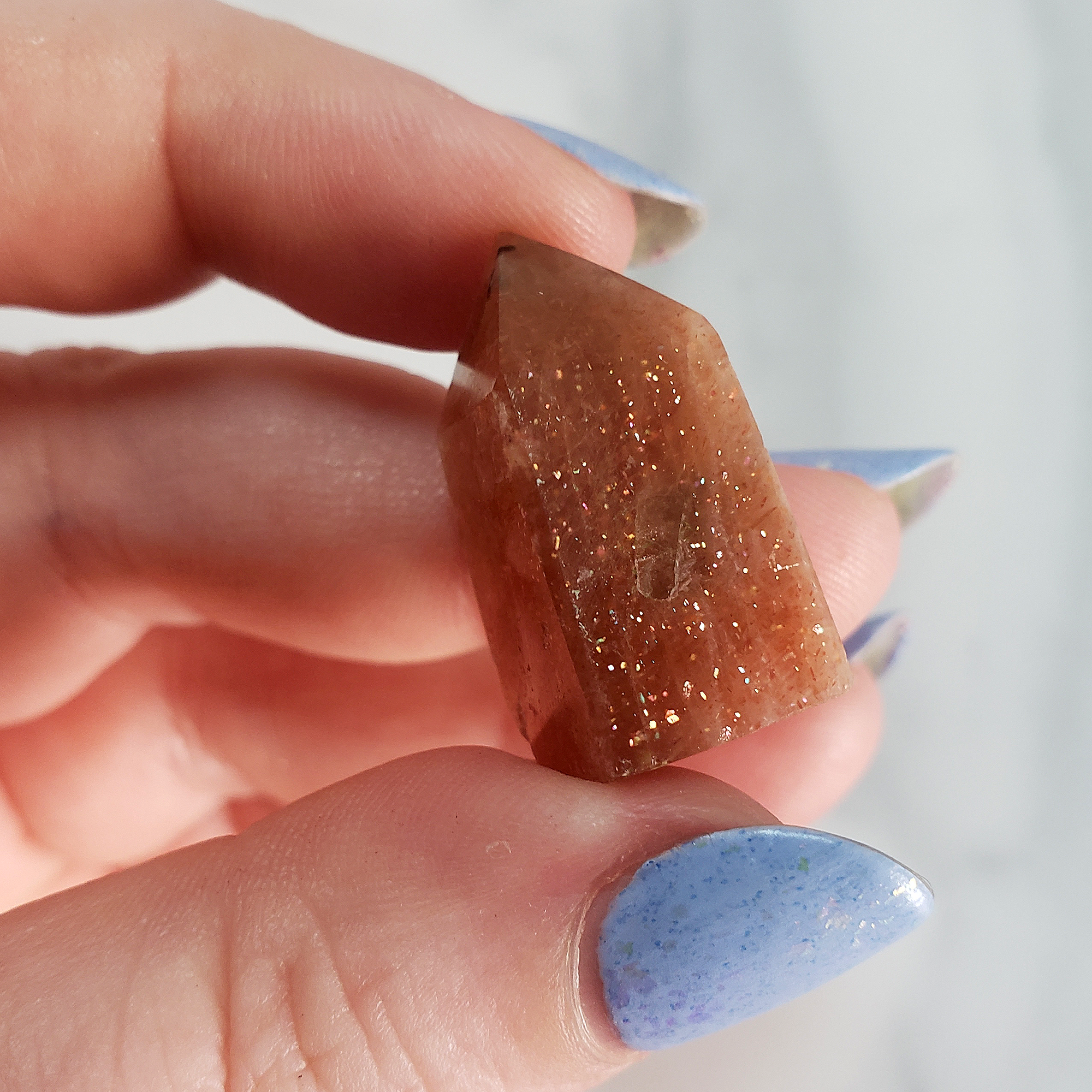 Unique MINI Confetti Sunstone Natural Crystal Tower Point - Mawu - Close Up of Confetti