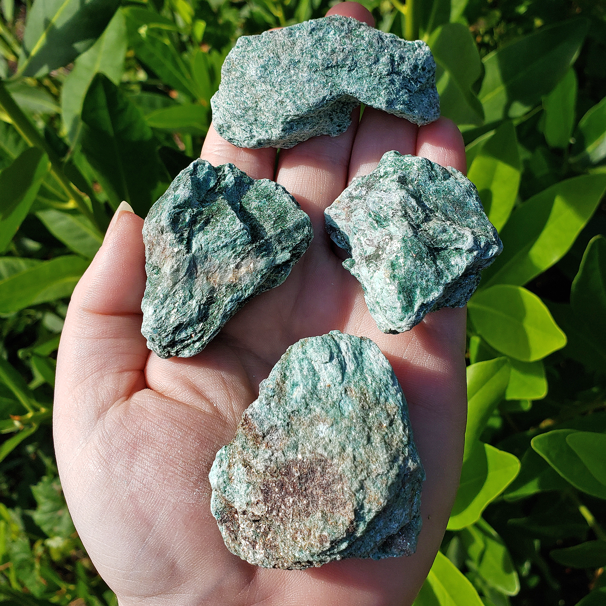 Raw Fuchsite Muscovite Mica Natural Rough Gemstone - Medium One Stone - In Hand Direct Sunlight