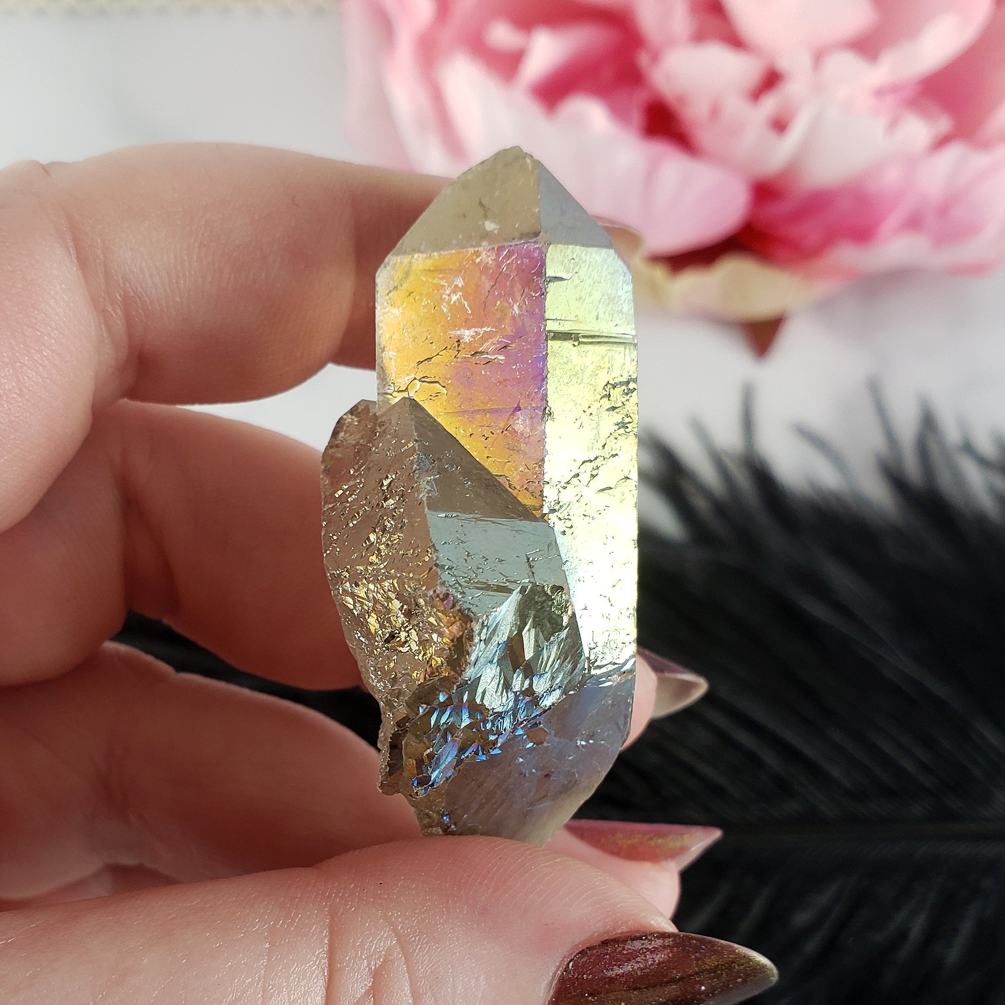 Unique Titanium Rainbow Aura Quartz Crystal Treated Gemstone | Megumi