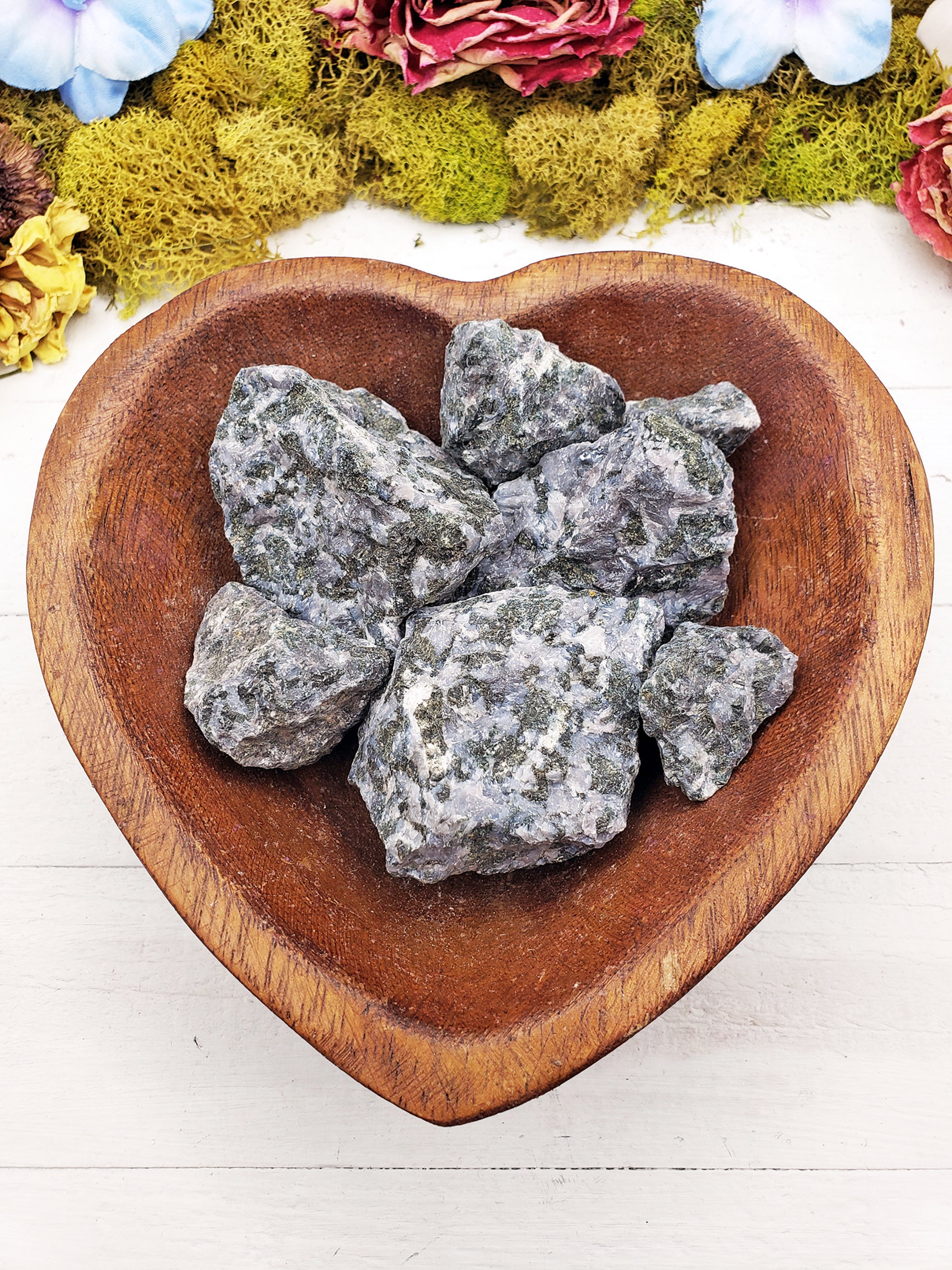 Merlinite Stones in heart-shaped bowl