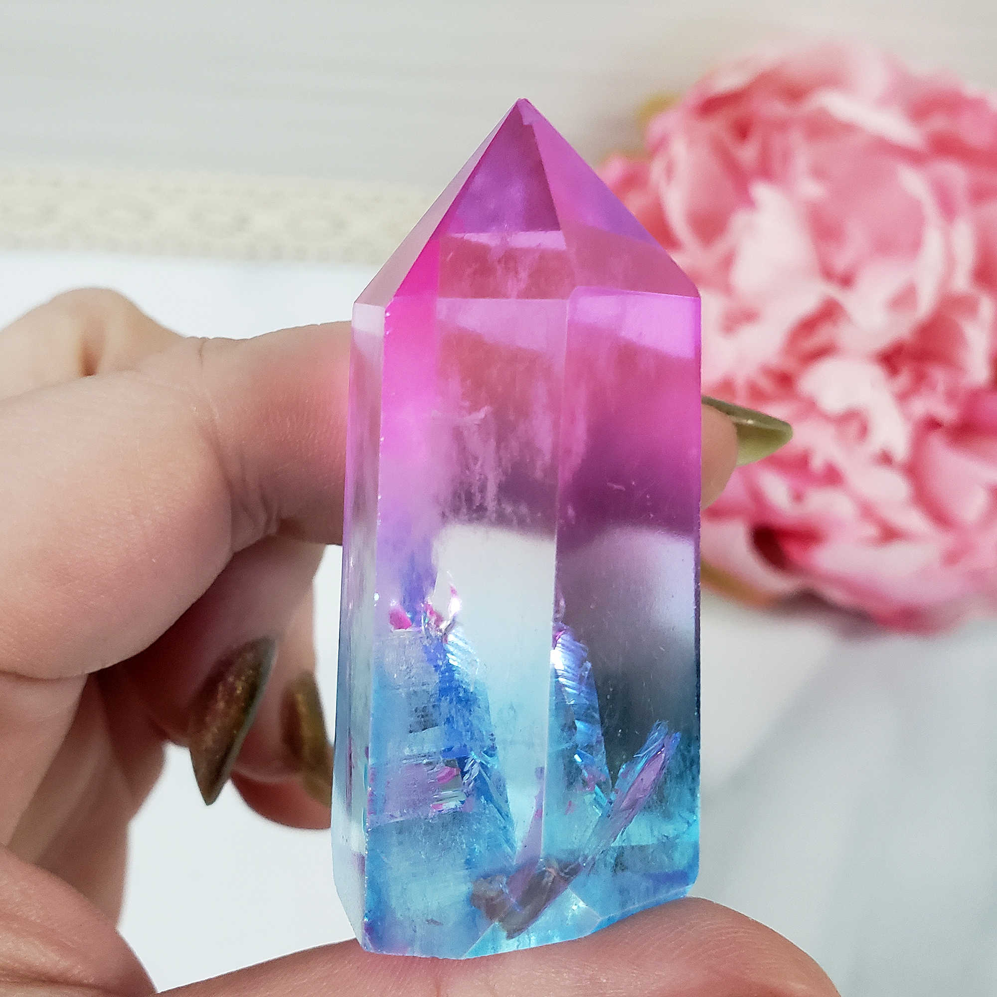 Unique Aqua Aura Quartz & Pink Aura Quartz Crystal Tower Rainbow Crystal Point - Mermaid - 1