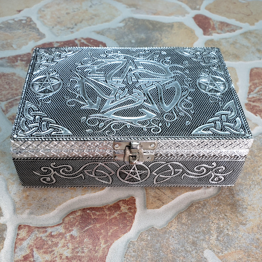 Pentacle Metal Covered Wooden Decorative Storage Box - 6.75 x 4.75 inches - From Front