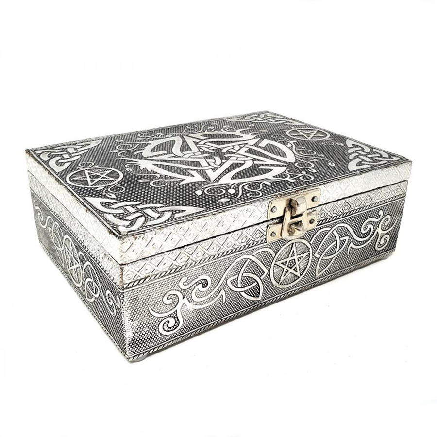 Pentacle Embossed Metal Over Wooden Decorative Storage Box - 6.75 x 4.75 inches