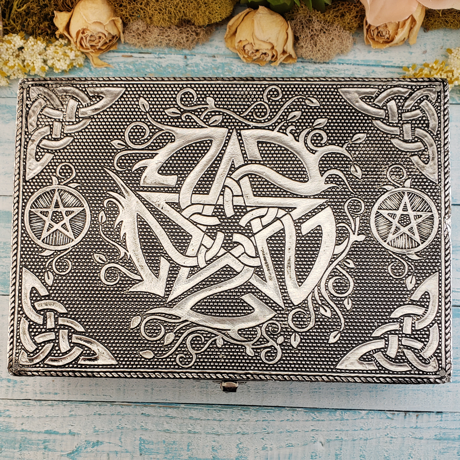 Pentacle Metal Covered Wooden Decorative Storage Box - 6.75 x 4.75 inches - From Above