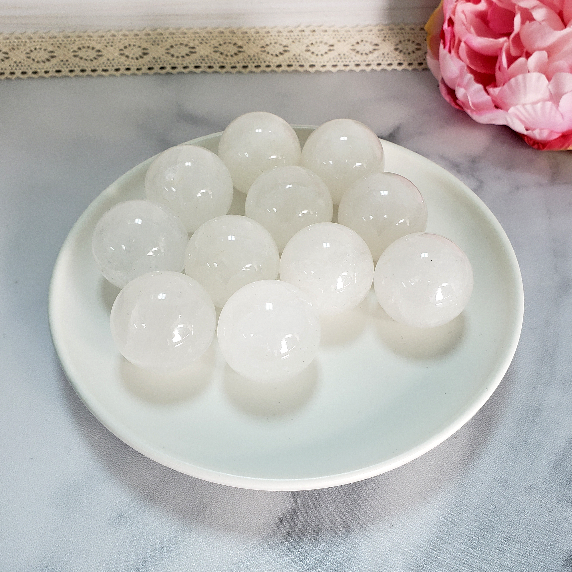 Milky Quartz Natural Gemstone Sphere Crystal Orb Marble - One 30mm Sphere - Milky Quartz Crystal Balls in White Ceramic Dish