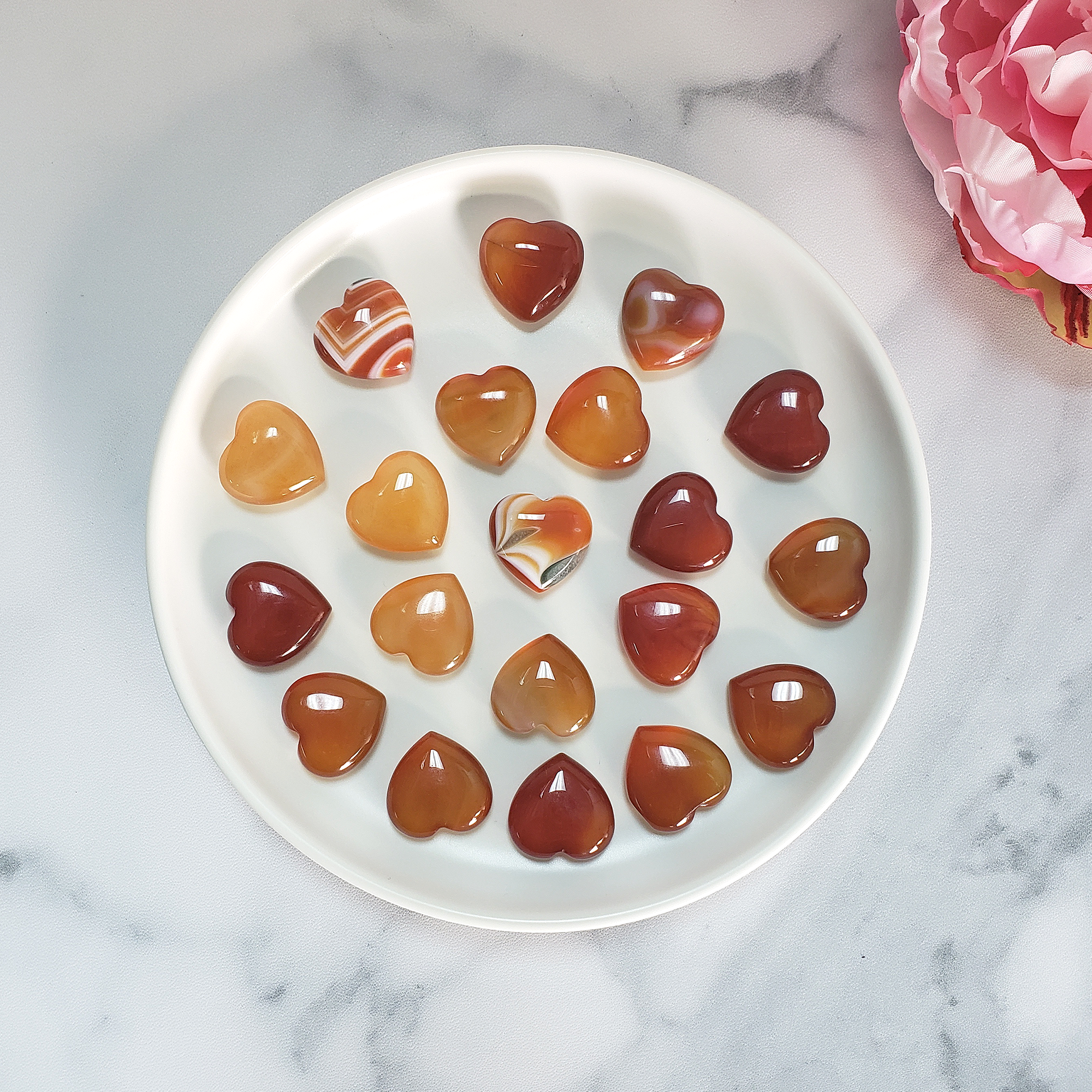 Carnelian Stone Natural Crystal Heart Mini Carving - Gemstone Hearts on White Ceramic Dish