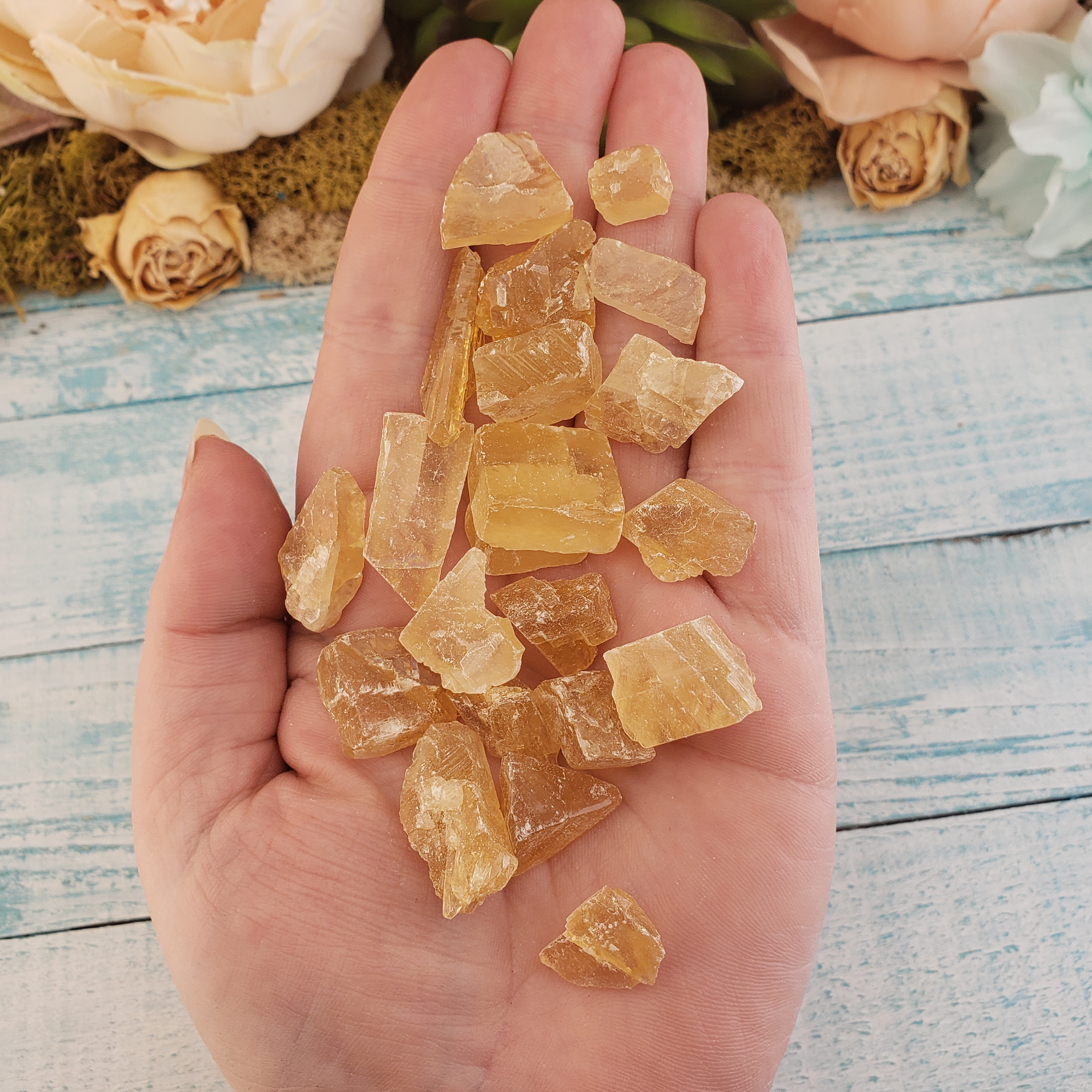Honey Calcite Natural Raw Crystals Rough Gemstones - 3 Mini Stones - In Hand On Board