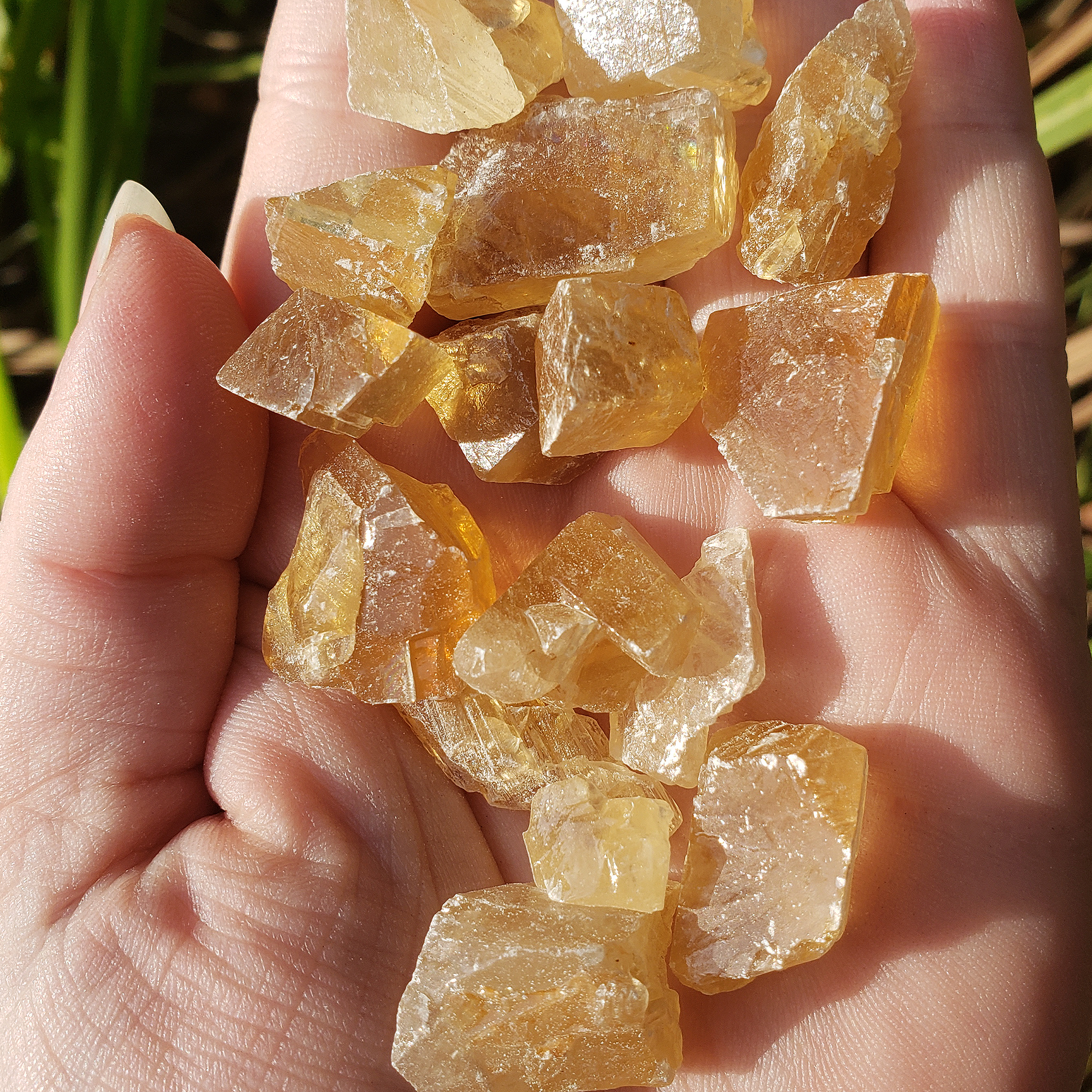 Honey Calcite Natural Raw Crystals Rough Gemstones - 3 Mini Stones - Close Up In Hand