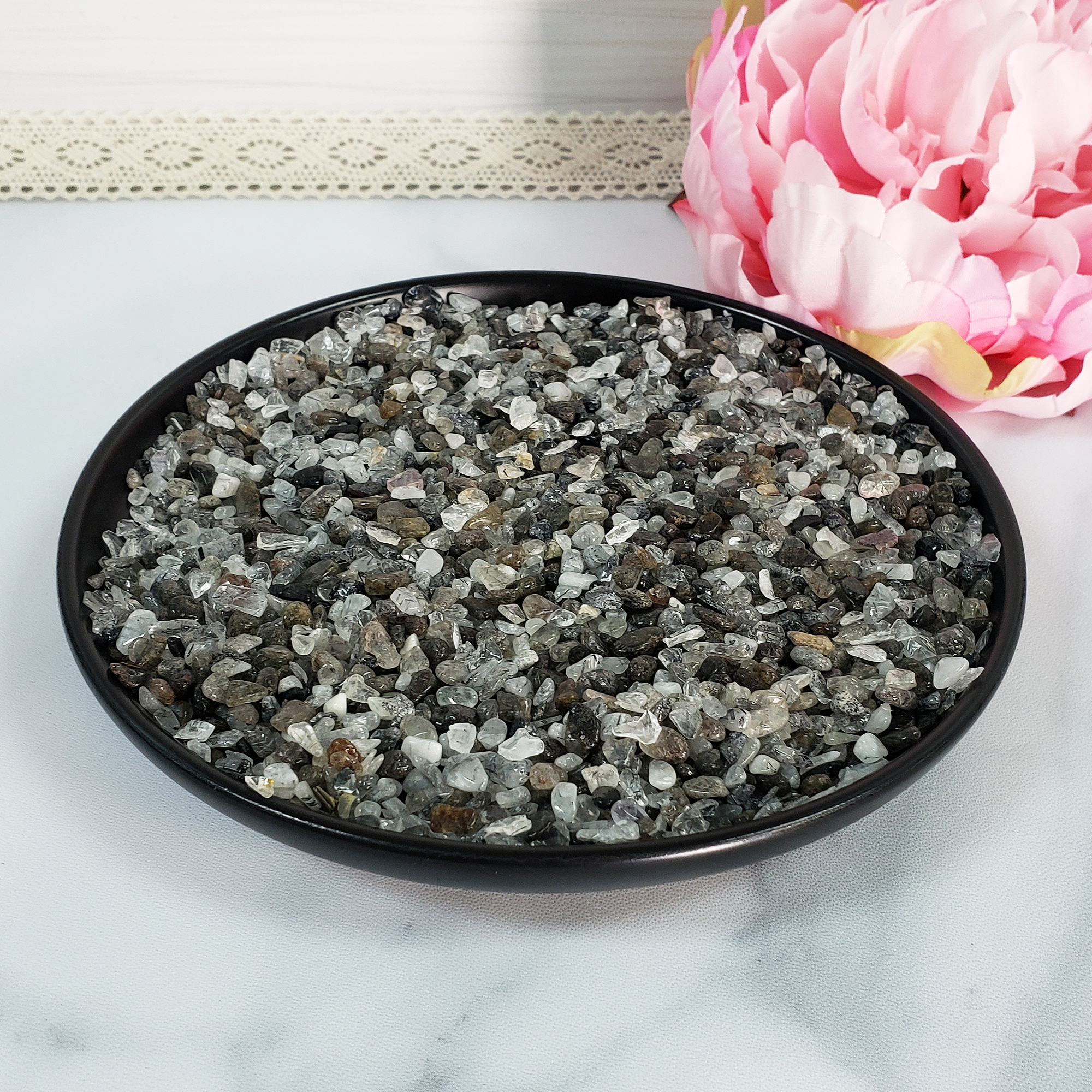 MINI Black Tourmaline Rutilated Quartz Crystal Natural Gemstone Chips By the Ounce - in Black Ceramic Dish