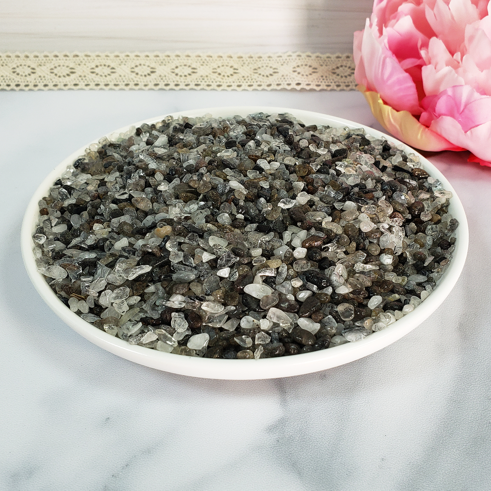 MINI Black Tourmaline Rutilated Quartz Crystal Natural Gemstone Chips By the Ounce - in White Ceramic Bowl