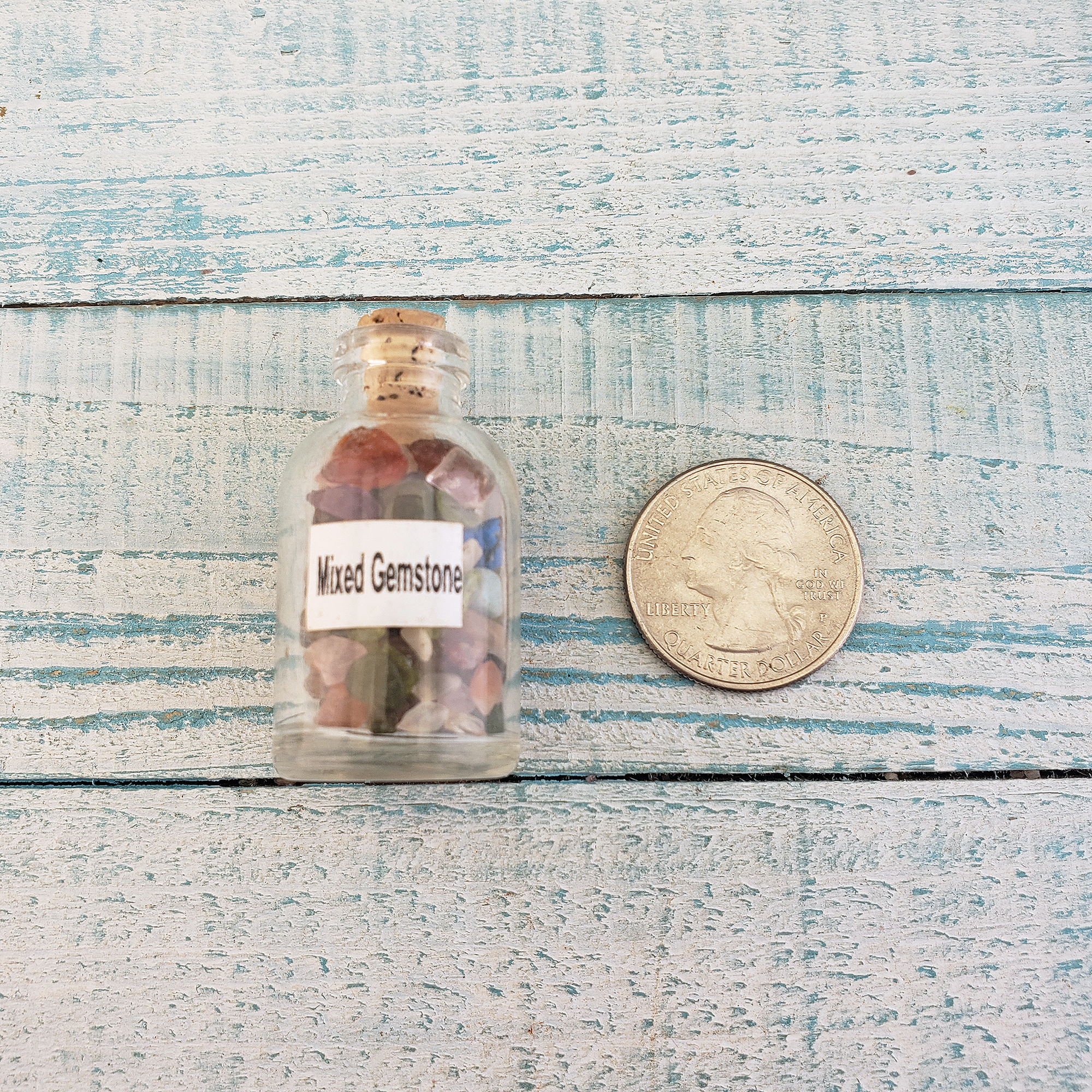 Rainbow Mixed Gemstone Crystal Chips Bottle - One Bottle - Size Comparison