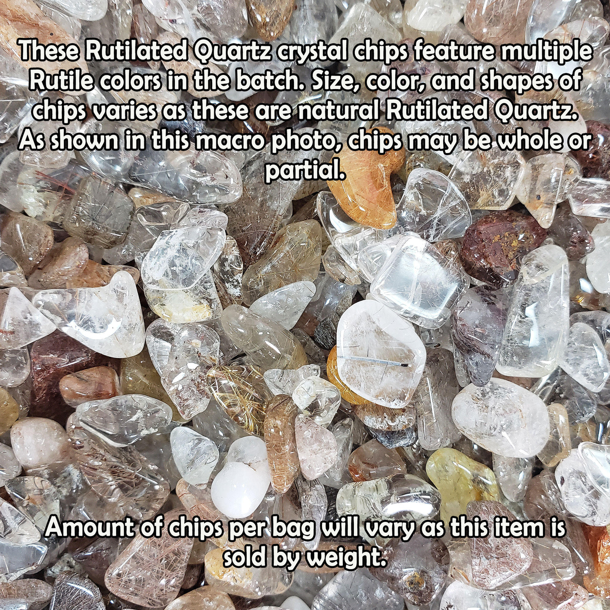 Mixed Rutilated Quartz Crystal Natural Gemstone Chips By the Ounce - Close Up Info