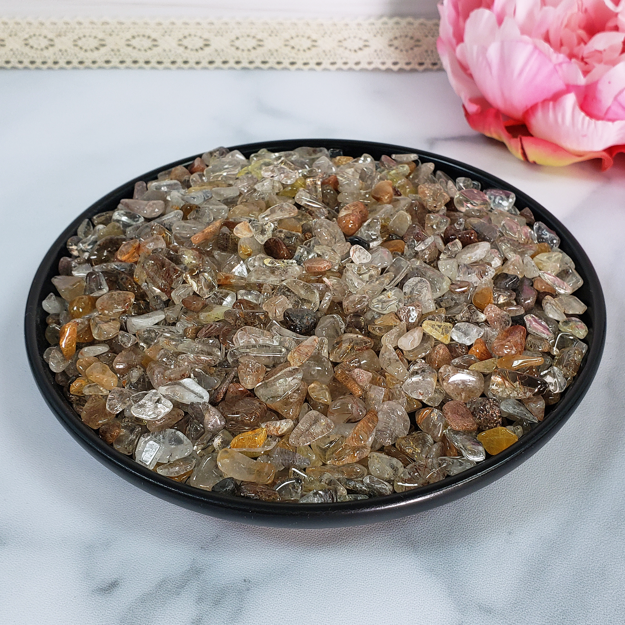 Mixed Rutilated Quartz Crystal Natural Gemstone Chips By the Ounce - in Black Ceramic Dish