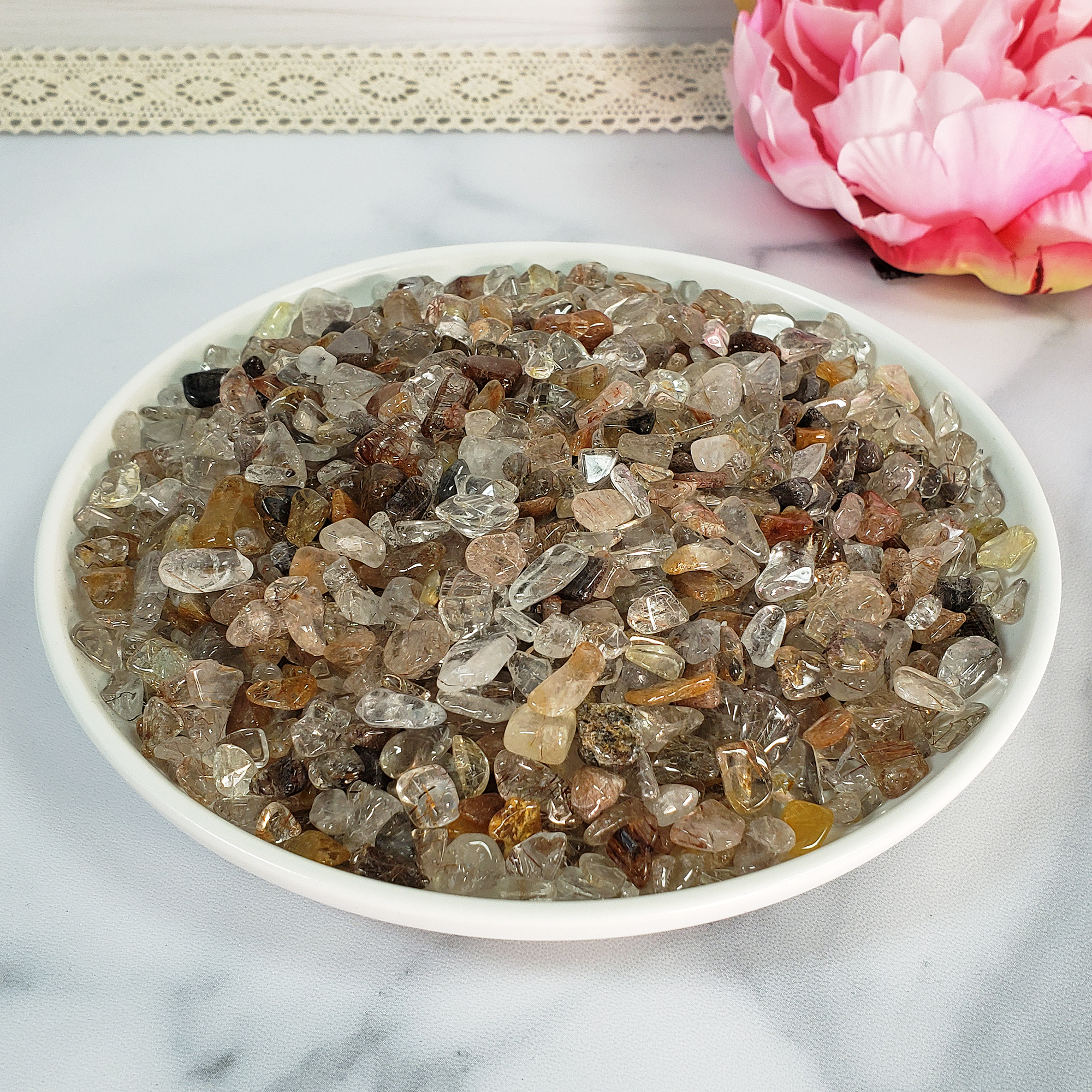 Mixed Rutilated Quartz Crystal Natural Gemstone Chips By the Ounce - in White Ceramic Dish