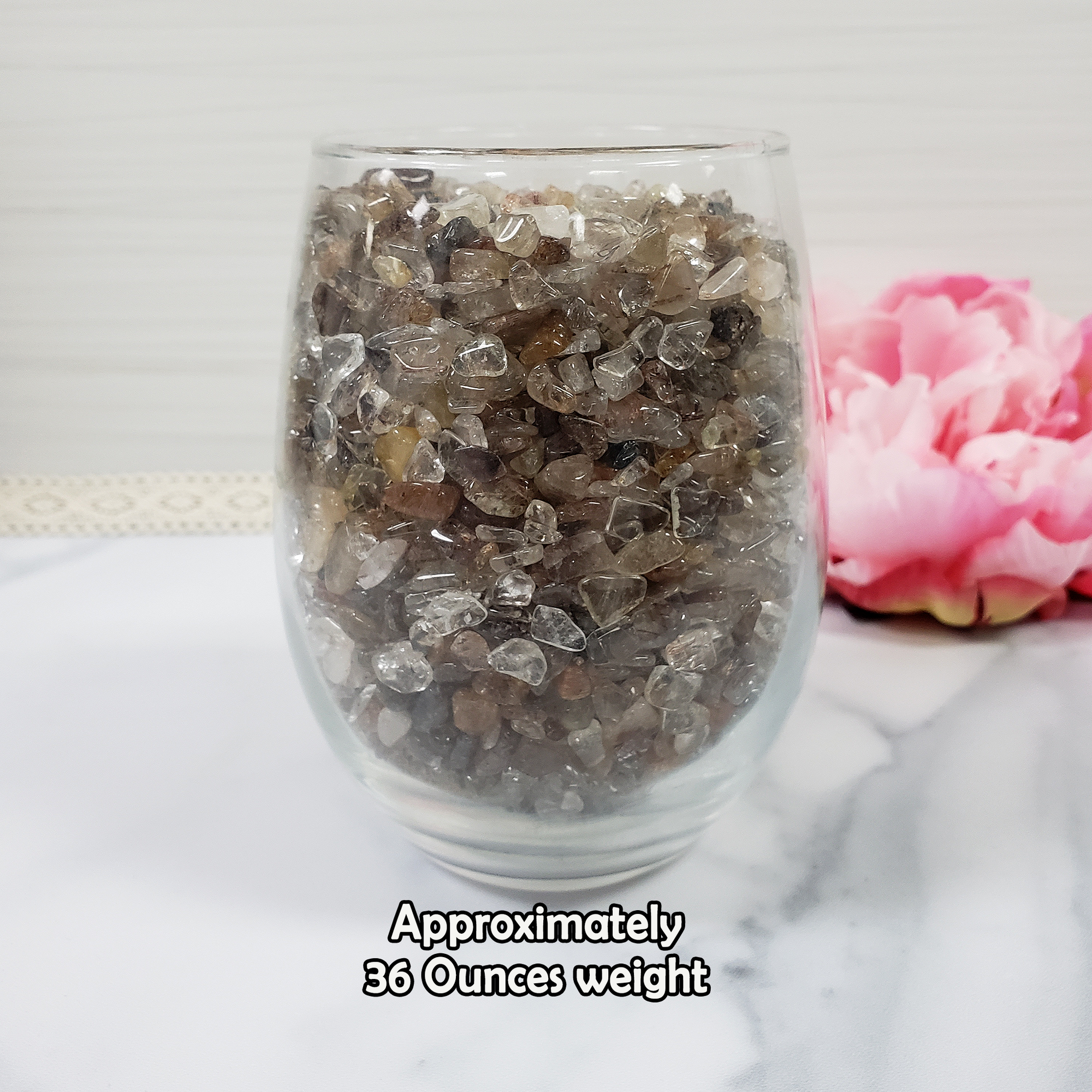 Mixed Rutilated Quartz Crystal Natural Gemstone Chips By the Ounce - in Glass