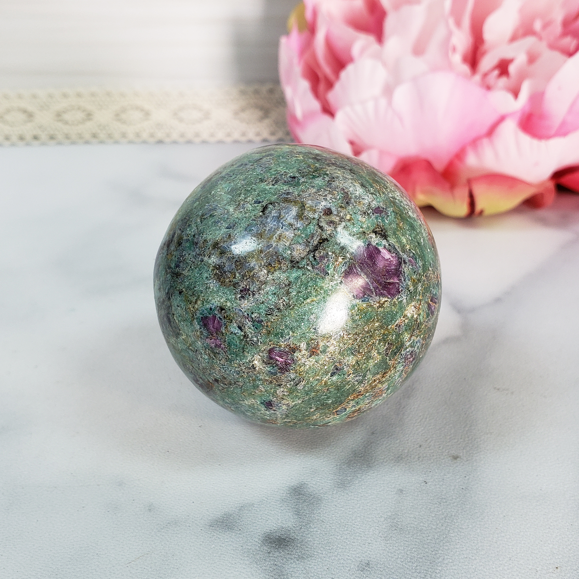 Unique Ruby Fuchsite Crystal Sphere Natural Gemstone Orb | 50mm | Mnemosyne - 9