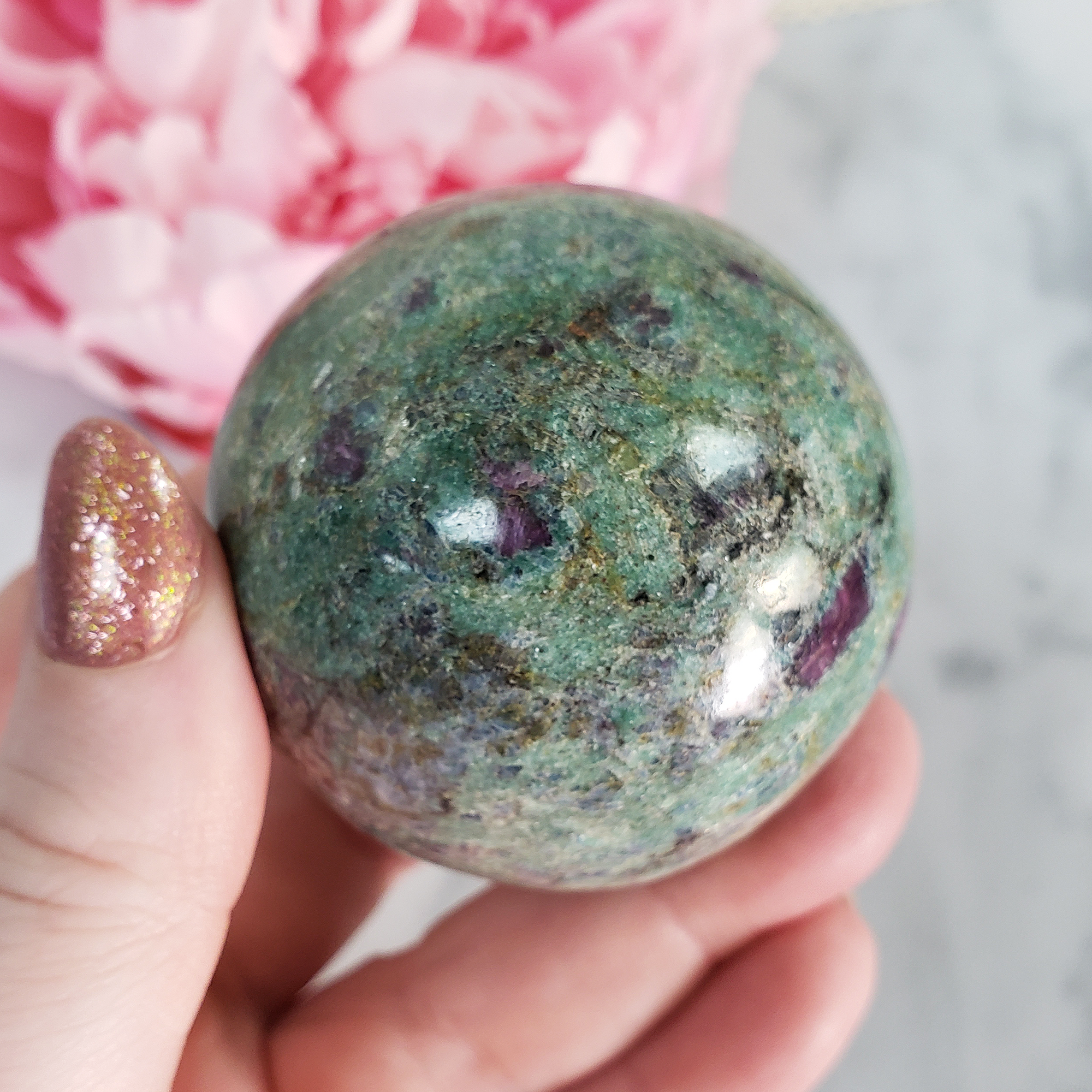 Unique Ruby Fuchsite Crystal Sphere Natural Gemstone Orb | 50mm | Mnemosyne - 5