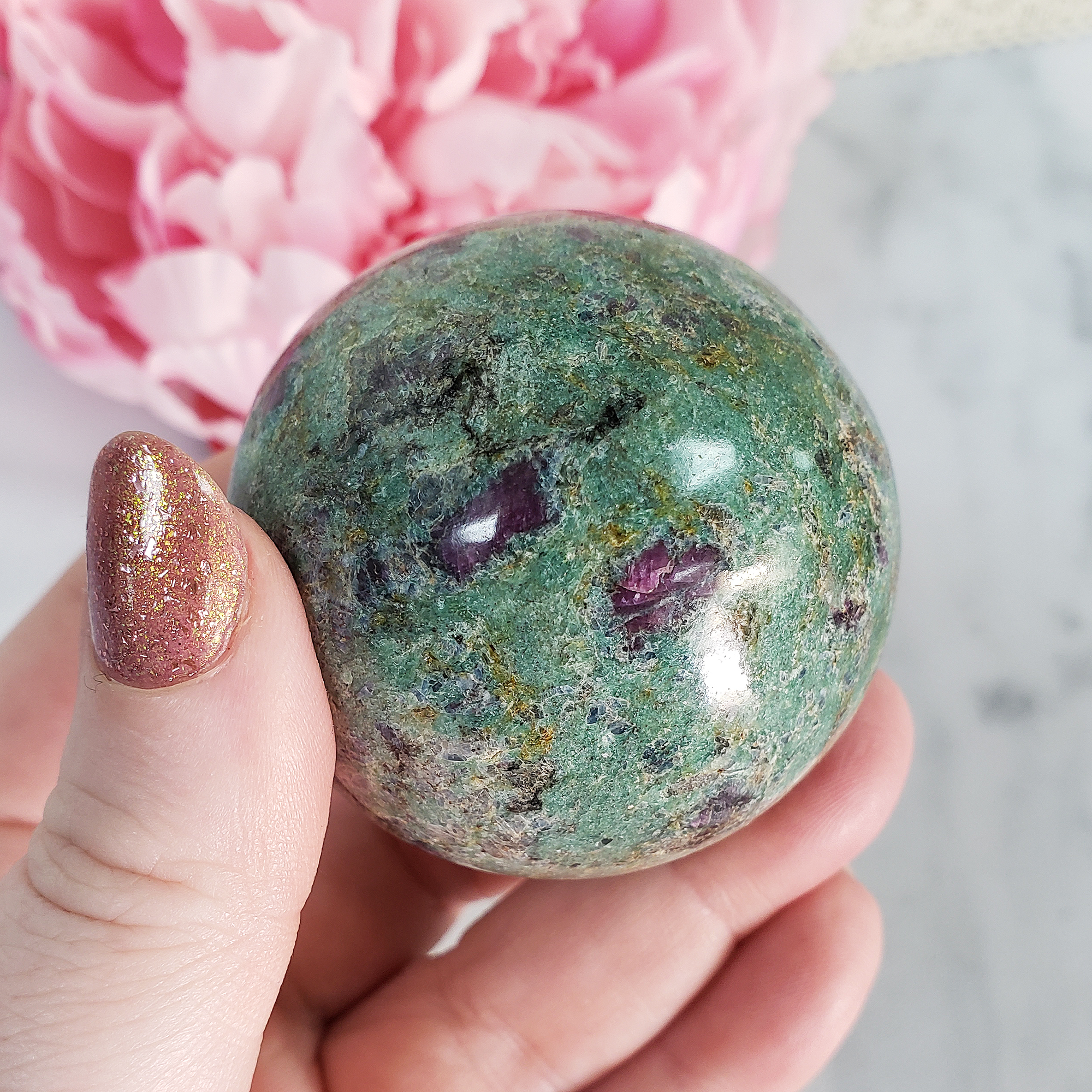 Unique Ruby Fuchsite Crystal Sphere Natural Gemstone Orb | 50mm | Mnemosyne - 6