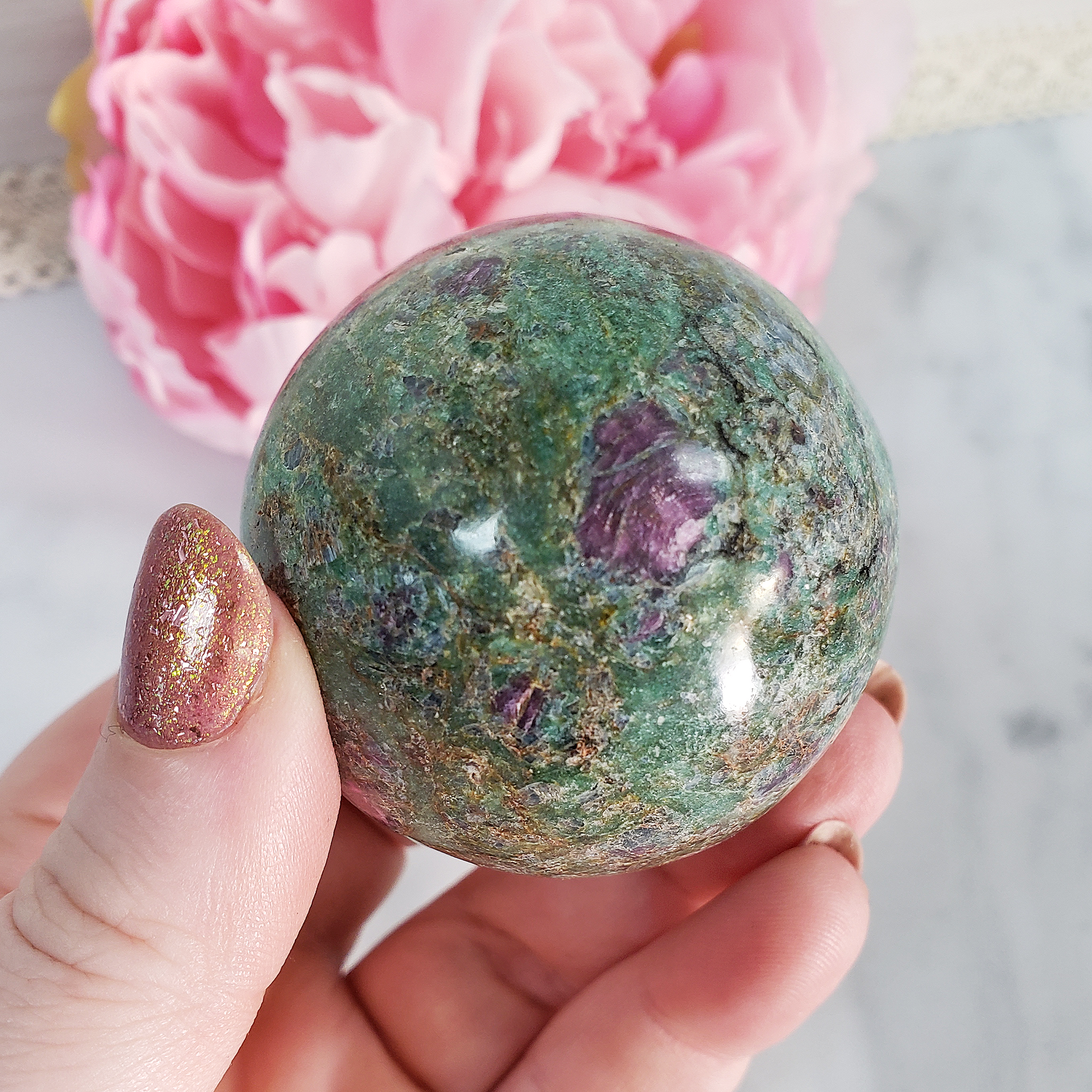 Unique Ruby Fuchsite Crystal Sphere Natural Gemstone Orb | 50mm | Mnemosyne - 6